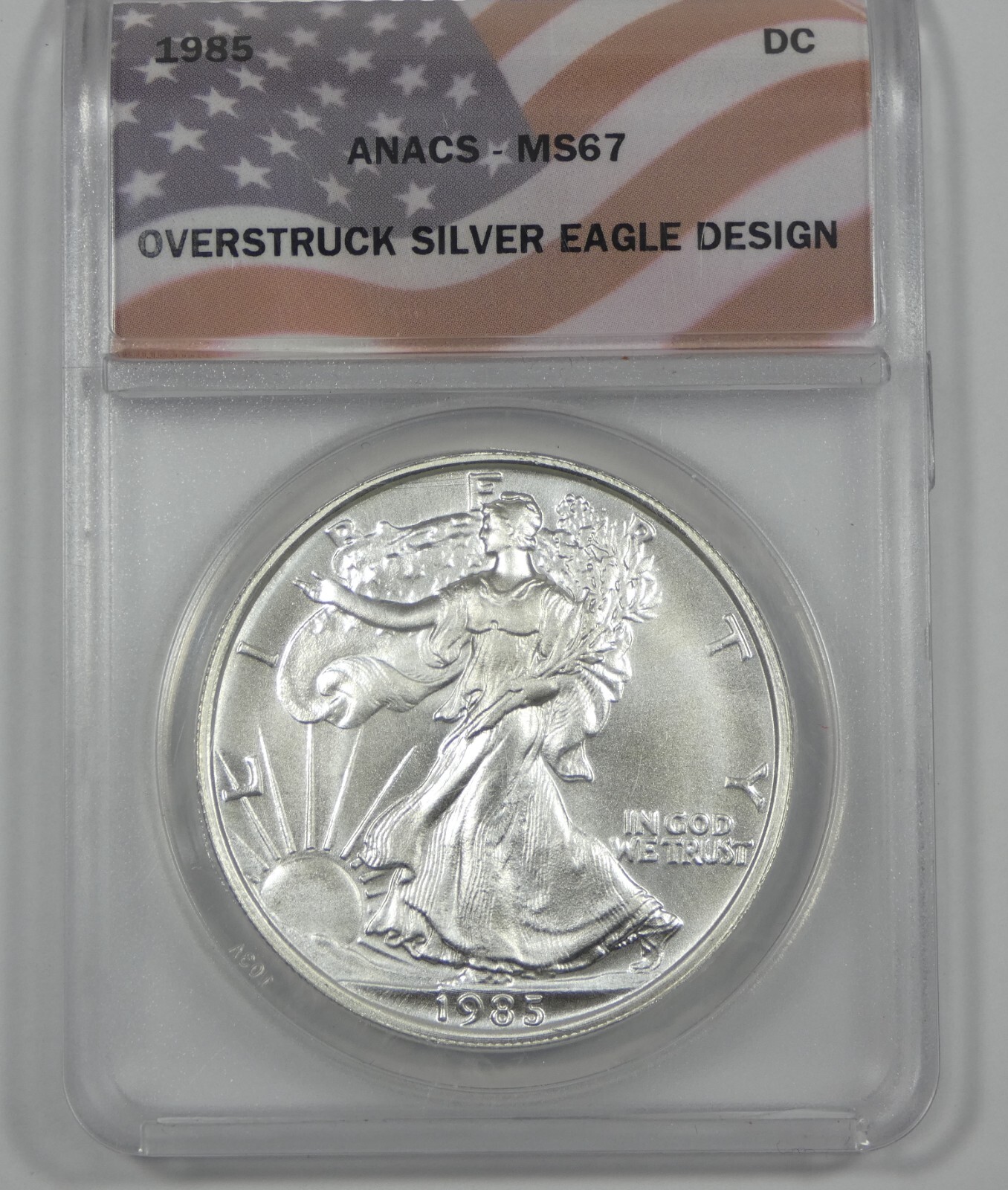 1985 Daniel Carr Overstruck Silver Eagle Design 1oz CERTIFIED ANACS MS 67