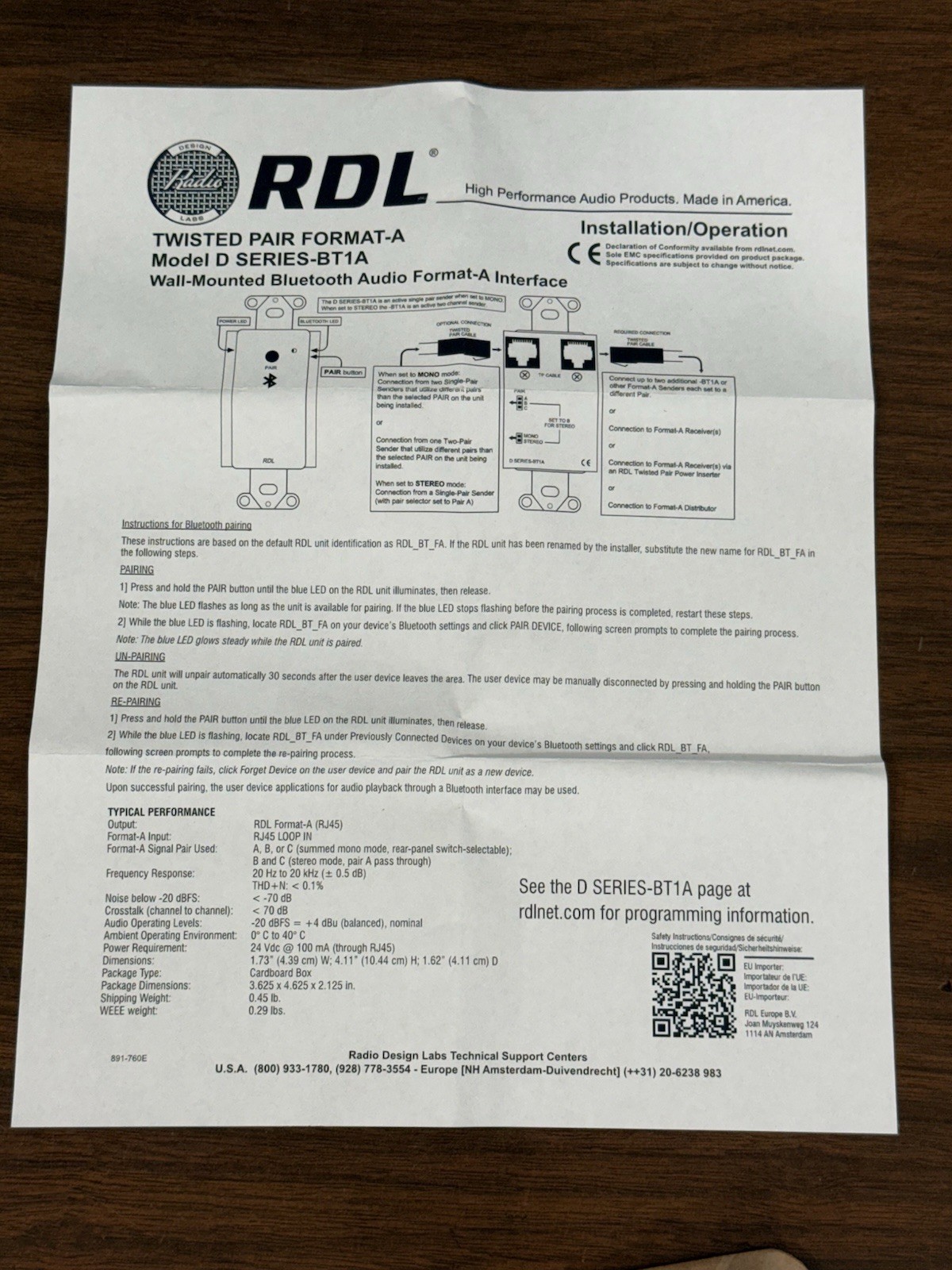 RDL D-BT1A Wall-Mounted Bluetooth Audio Format-A Interface - New In Box