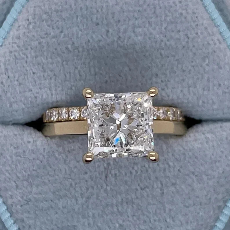 2.80 Ct Princess Cut Prong Moissanite Wedding Ring Set 14K Yellow Gold Finish