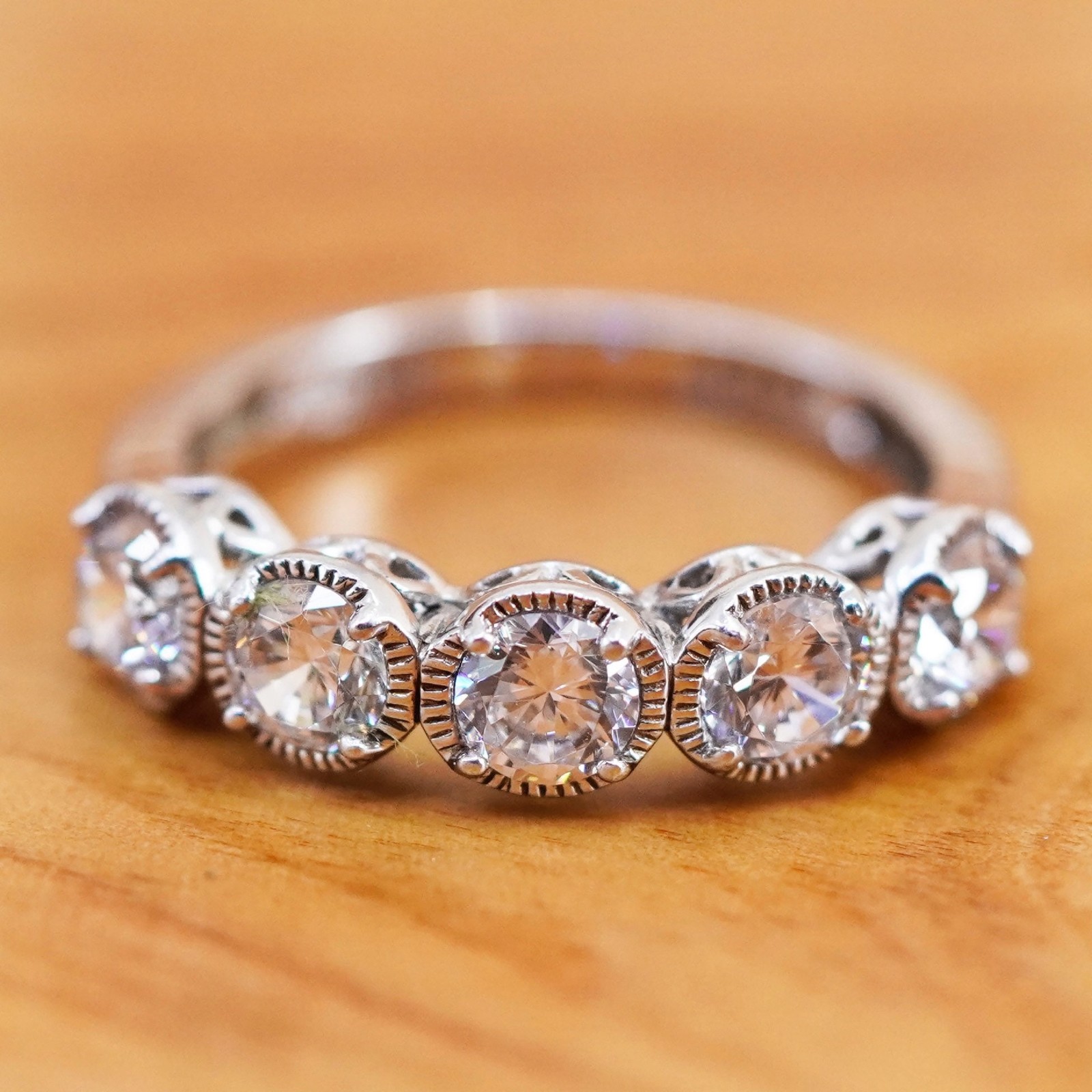 Size 6, vintage Sterling 925 silver anniversary engagement ring with cluster cz