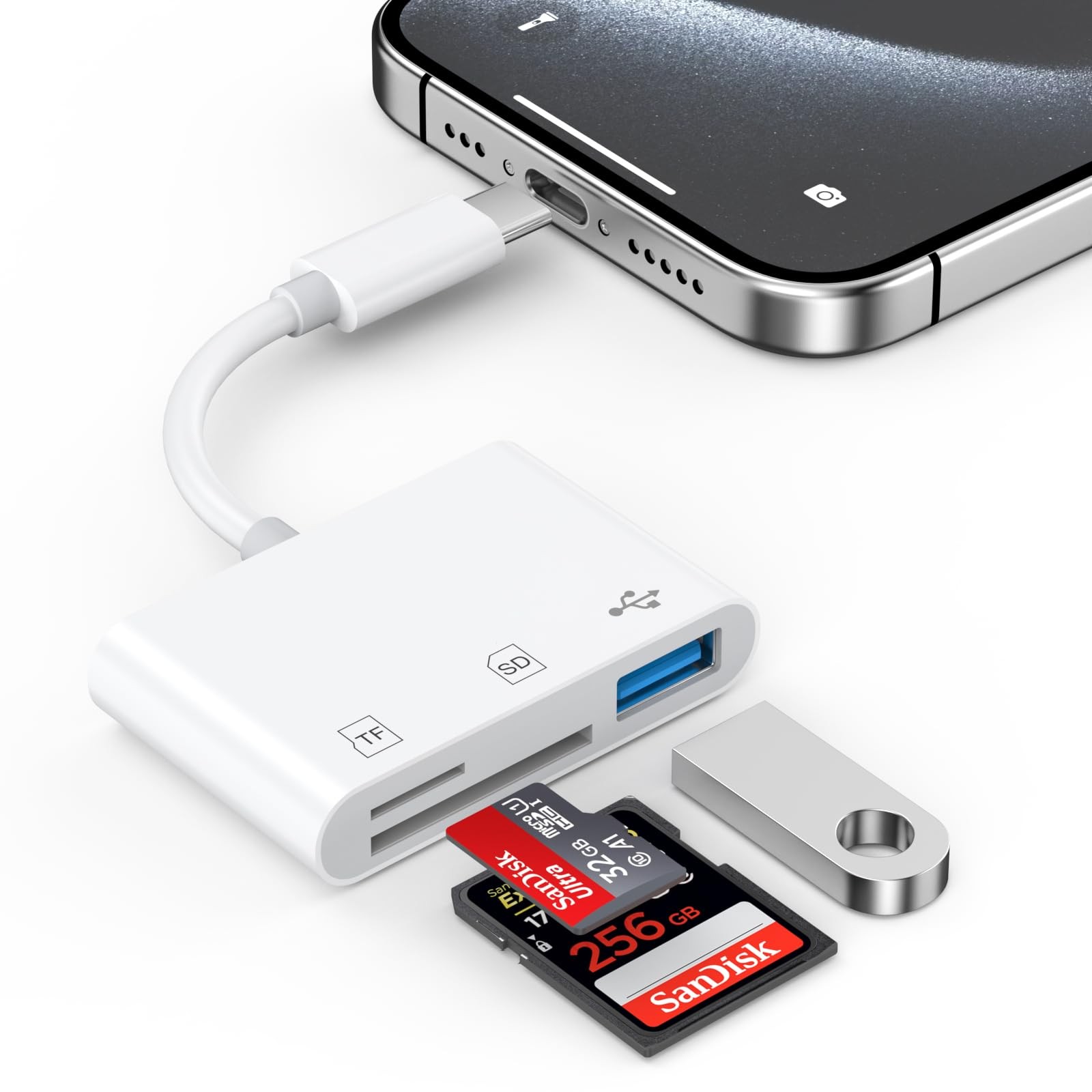 USB C SD Card Reader for iPhone 17 16 15 Pro Max iPad MacBook, 3-IN-1, White