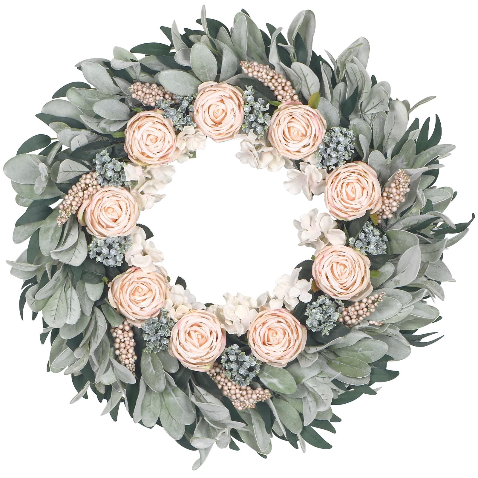Kmise 24" Wreaths for Front Door, Apricot Rose Wreath with Flocked Lamb Ear f...