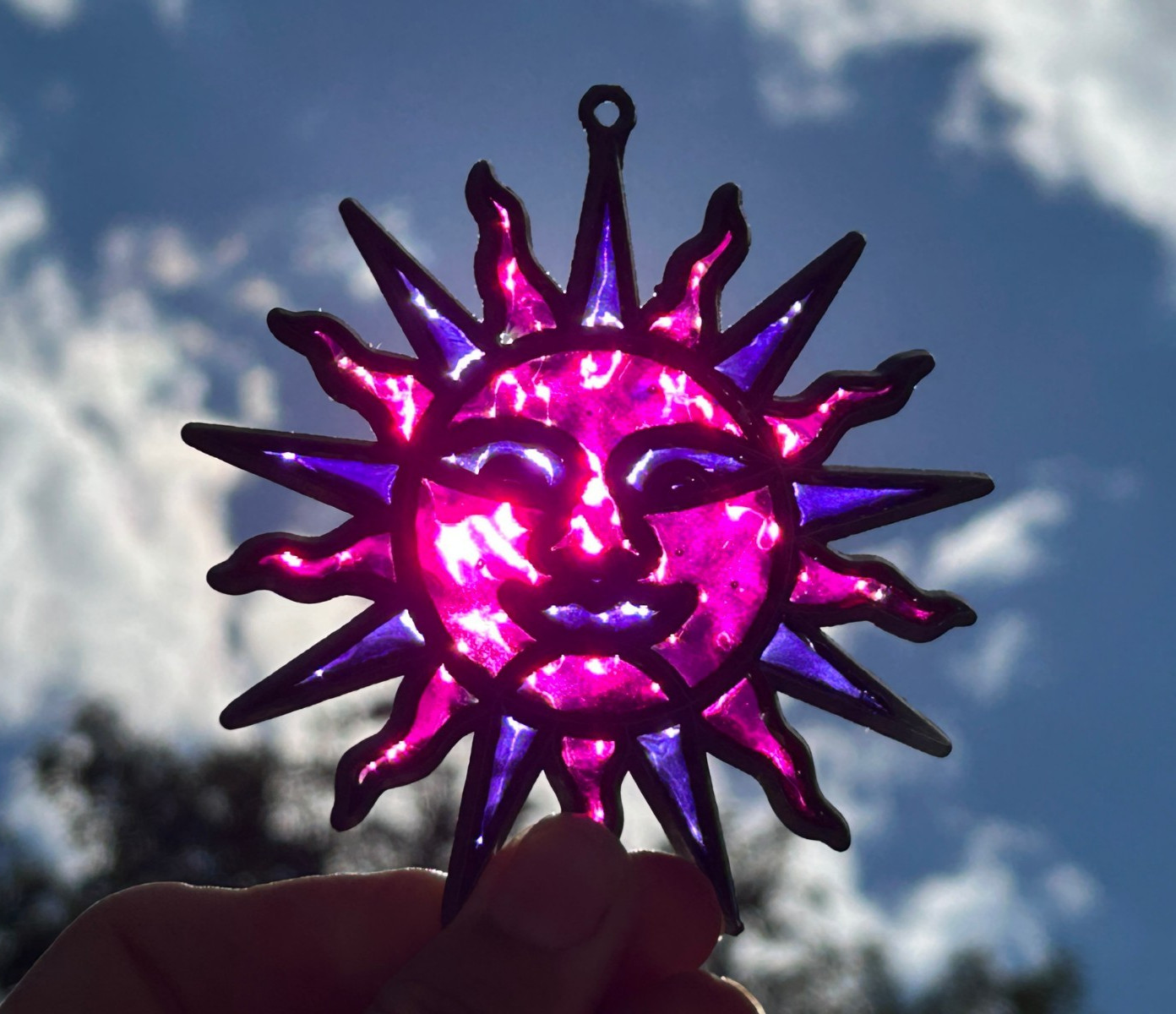 Vintage SUN CATCHER Sun Shaped 4" Pink Purple Round Lead Framed Hippy Bohemian