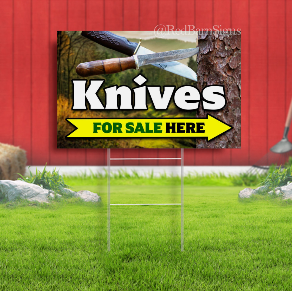 Knives For Sale Here arrow Indoor Outdoor Yard Sign with metal stakes