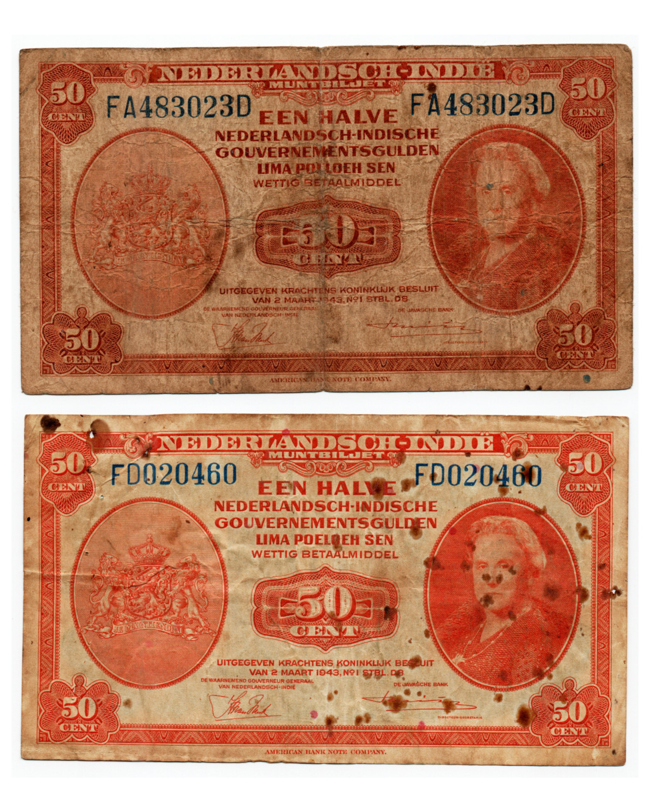 Banknote P#110 Netherlands Indies (NICA) 50 Cents Wilhelmina 1943 Set of 2 As Is