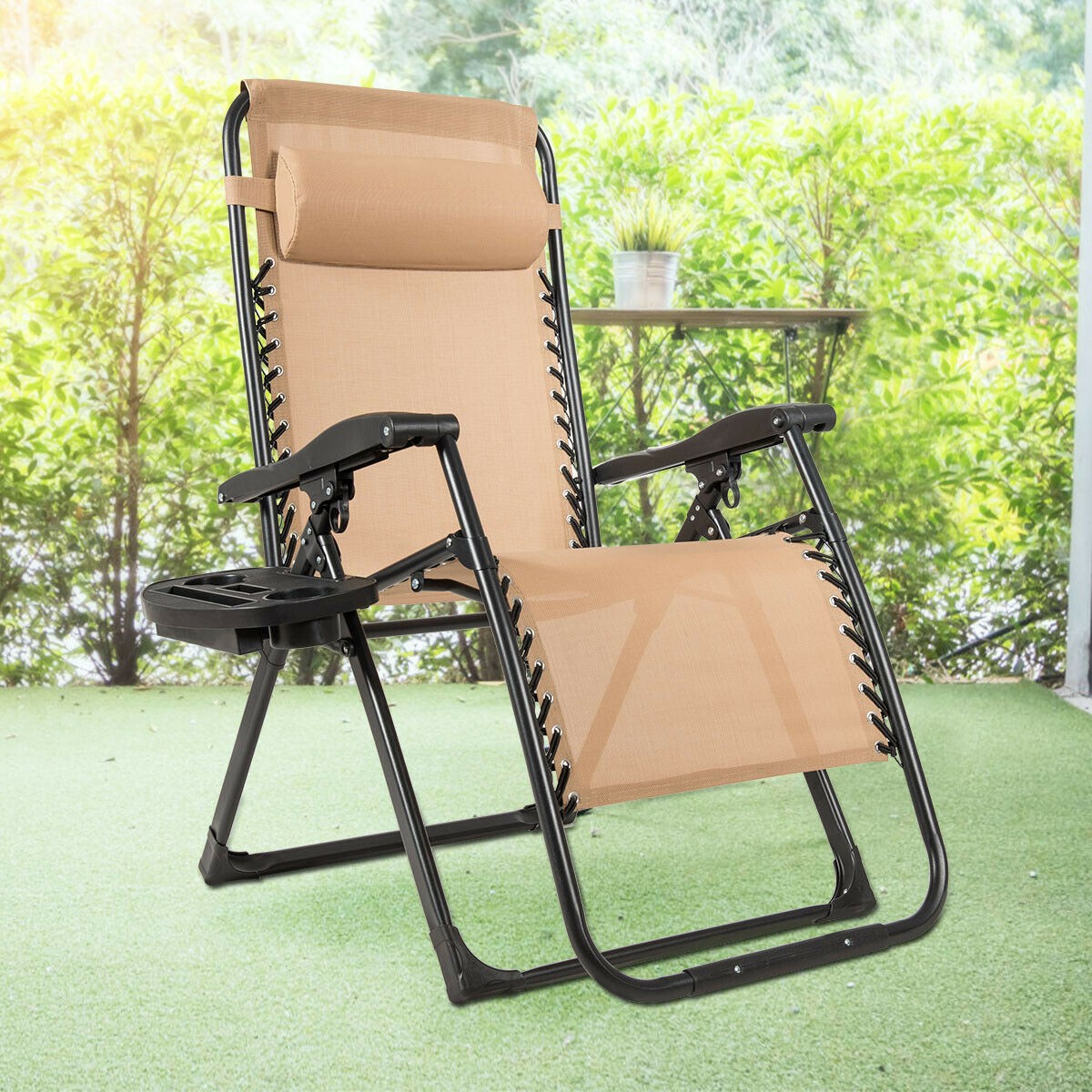 2PCS Folding Zero Gravity Lounge Chair Recliner w/ Cup Holder Pillow Beige