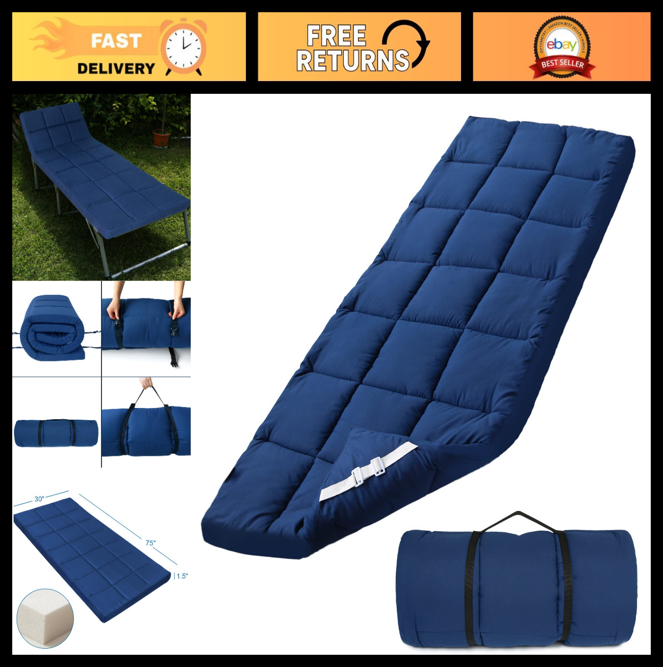 75x30 Foam Quilted Camping Mattress Topper - Soft, Comfortable Pad for Cots & RV