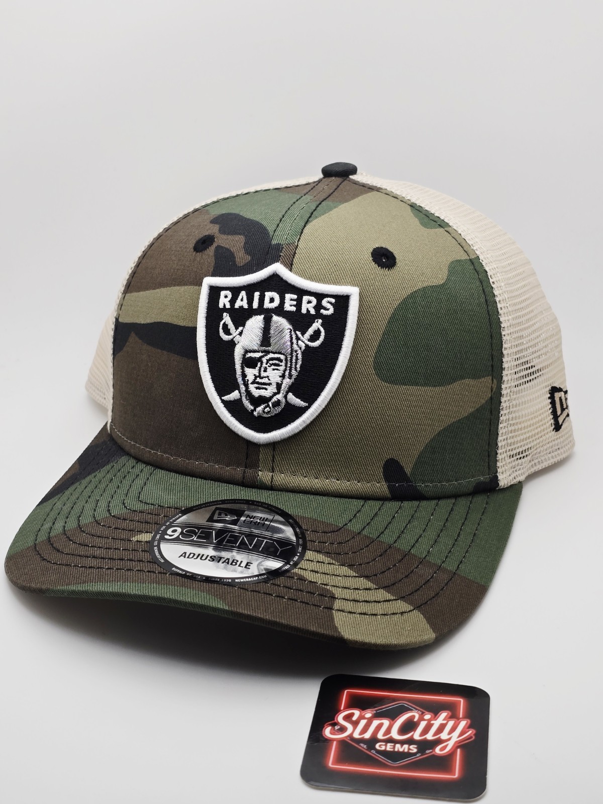 New Era Las Vegas Raiders Woodland Camo 9seventy Trucker Snapback Hat Cap