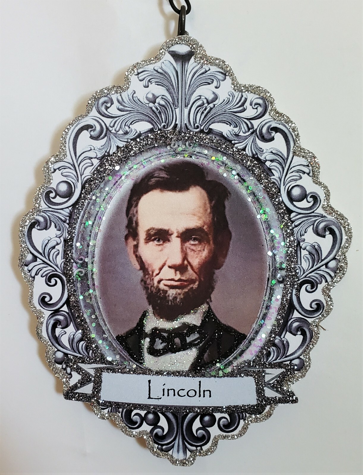 FOUNDING FATHERS - LINCOLN - Glitter WOOD JULY 4 PATRIOTIC ORNAMENT * Vtg Img