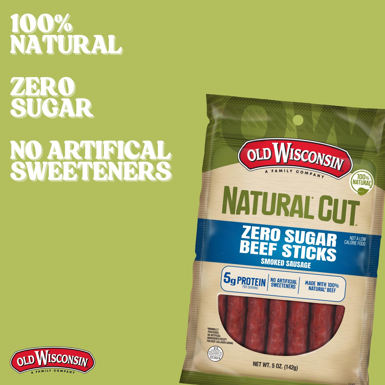 Old Wisconsin Natural Cut Beef Sausage Snack Sticks, Zero Sugar, Naturally Sm...