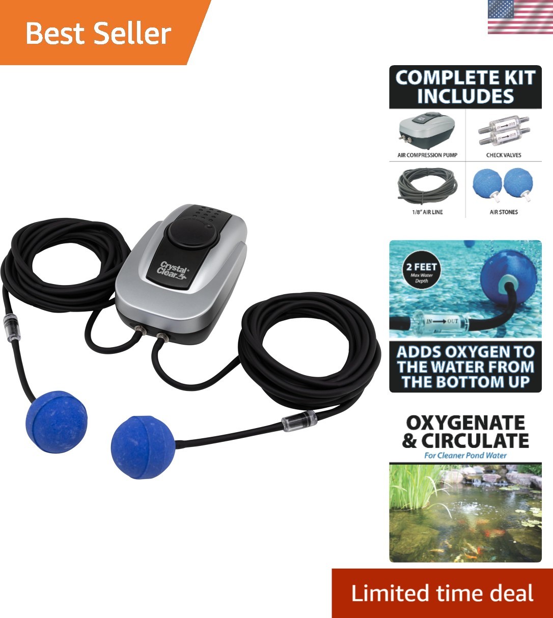 PondAeration Kit 2 for Pond Up to 1000G Water Garden Fish Pond Oxygenator