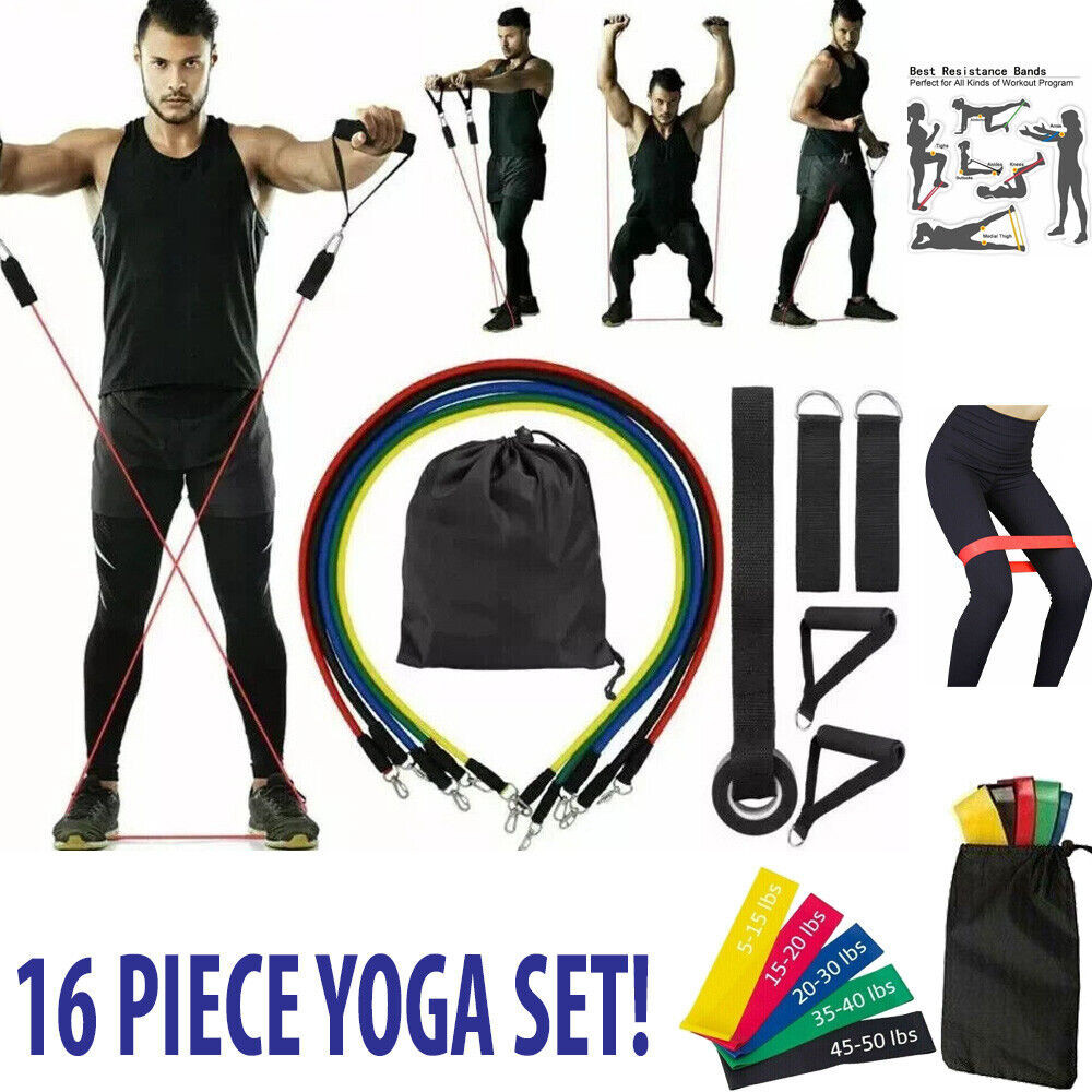16 PCS Resistance Band Set Yoga Pilates Abs Exercise Fitness Tube Workout Bands