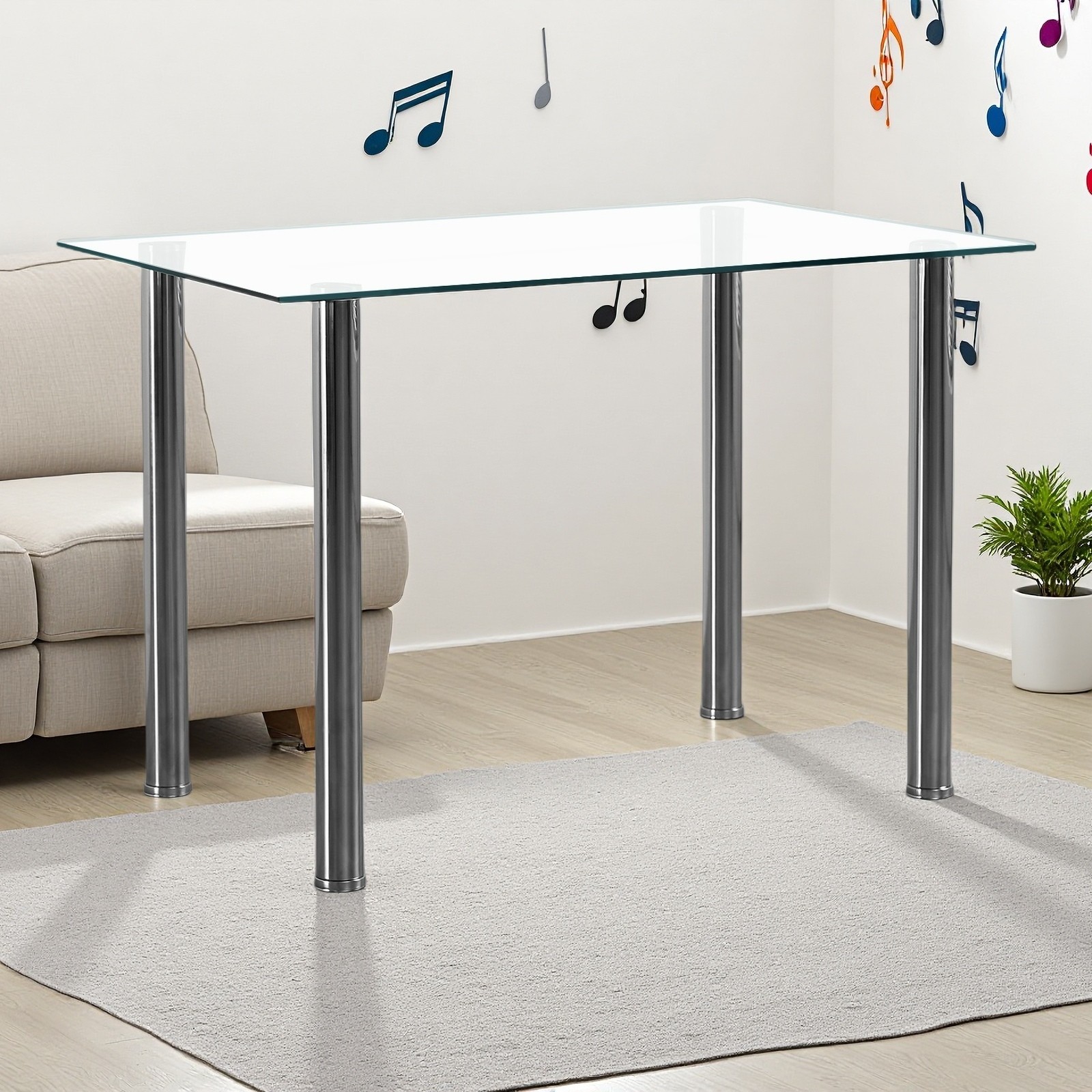 Glass Dining Table - 4 Seater Tempered Clear Glass 43.3" Rectangle Kitchen Desk