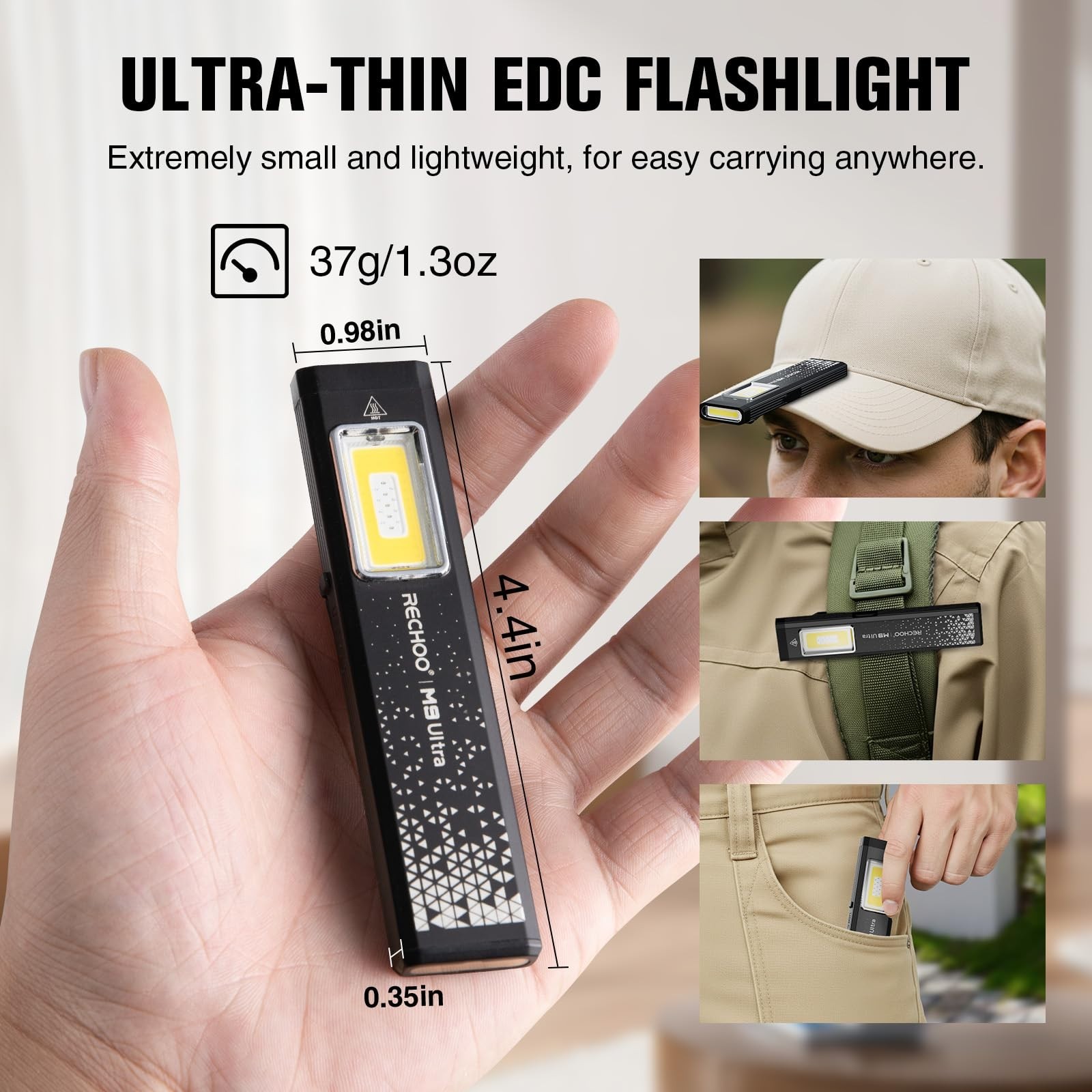 Rechargeable Slim Pocket Flashlight - 8 Modes, Magnetic Base & Clip, Mini EDC Li