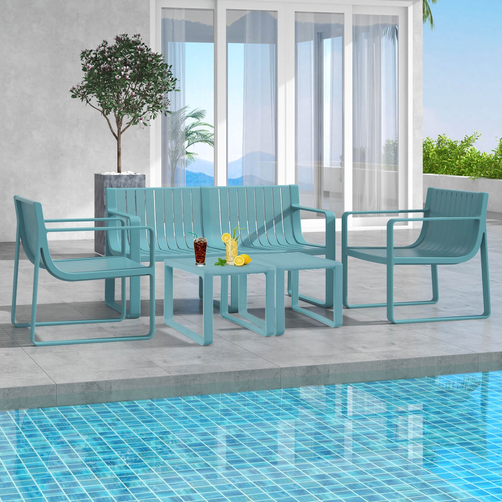 5-Piece Patio Furniture Set w/ 1 Loveseat 2 Patio Chairs & 2 Side Tables