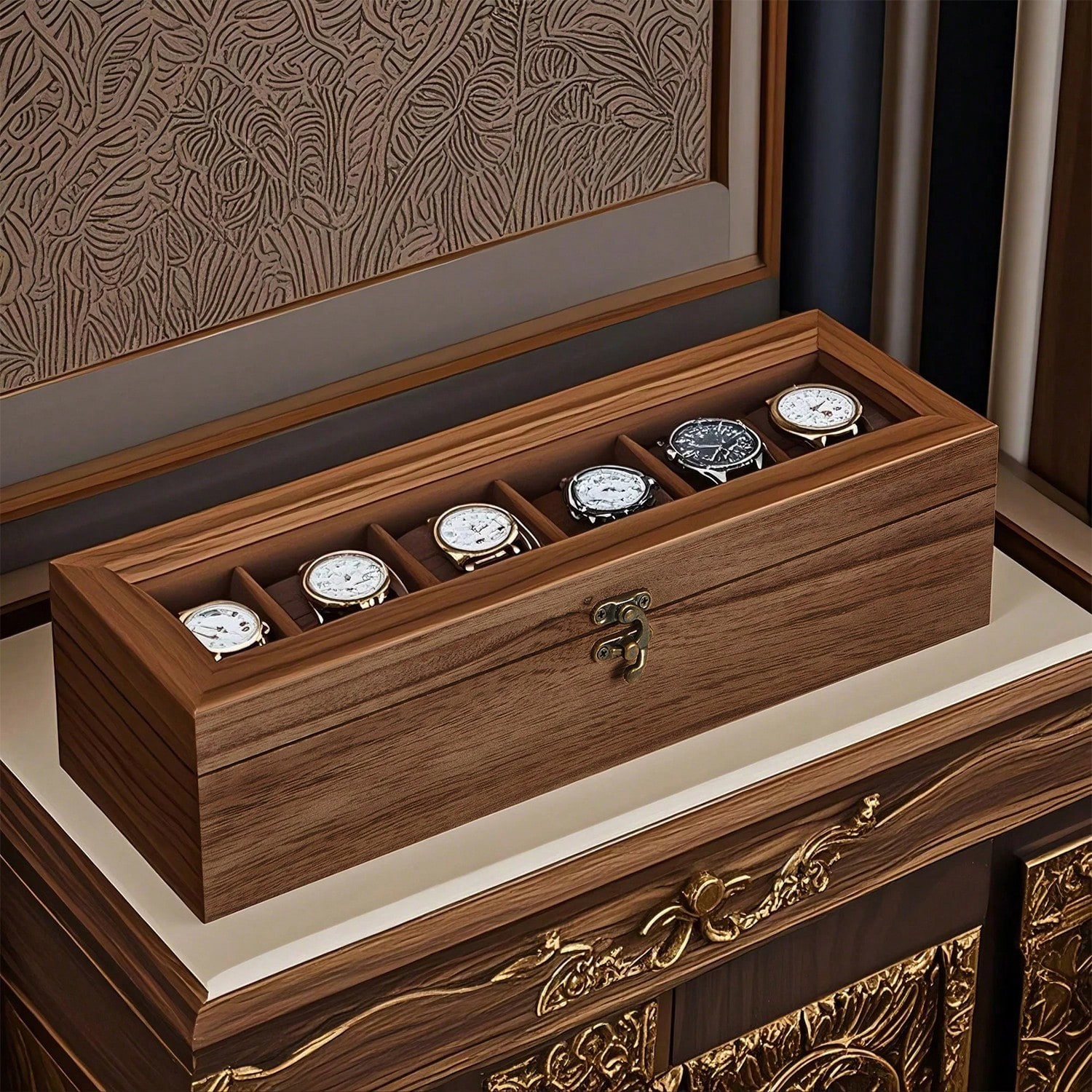 6 Slot Wooden Watch Box Glass Lid Display Case Organizer Storage Holder