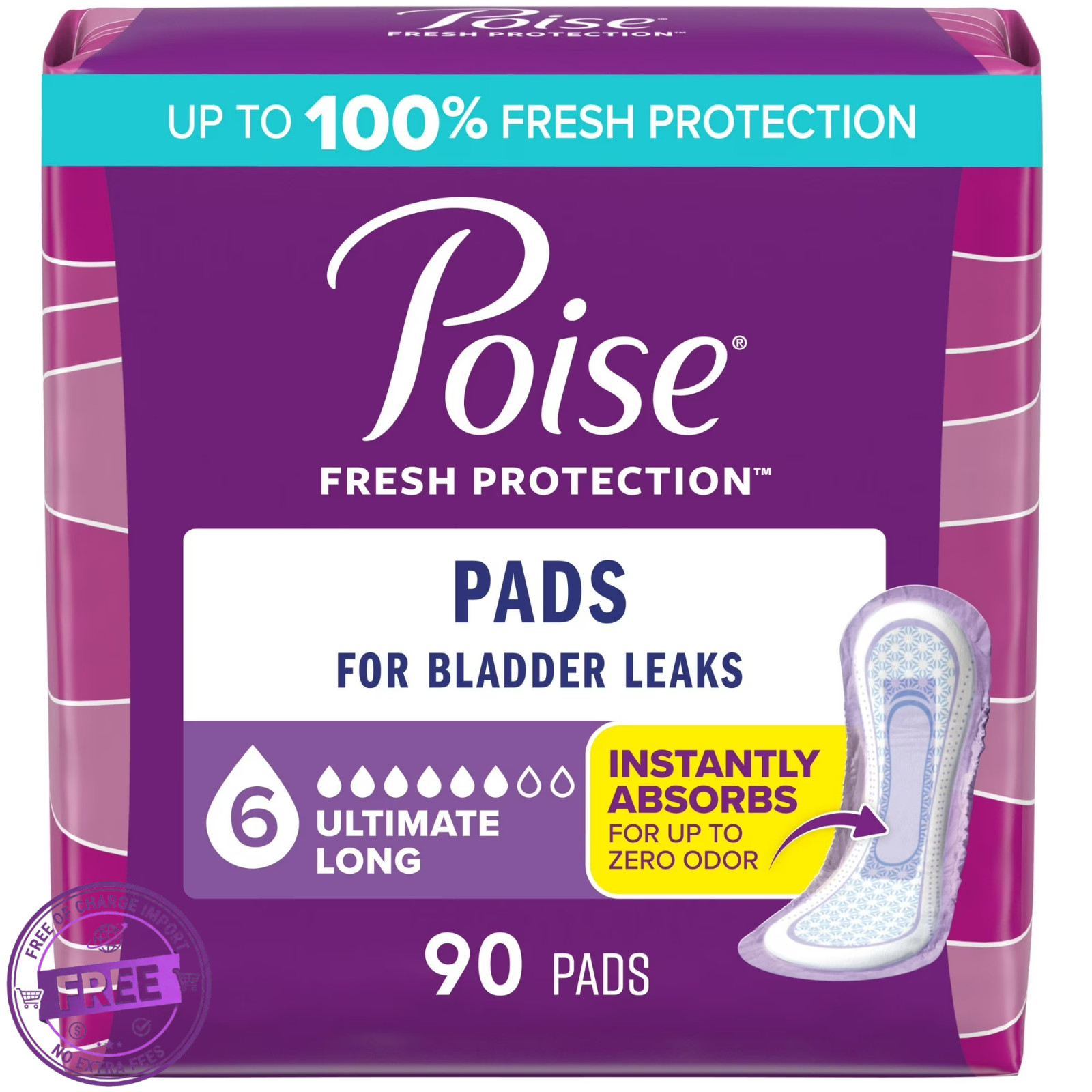 90 Ct Poise Incontinence Pads for Women, 6 Drop Ultimate Absorbency, Long Length