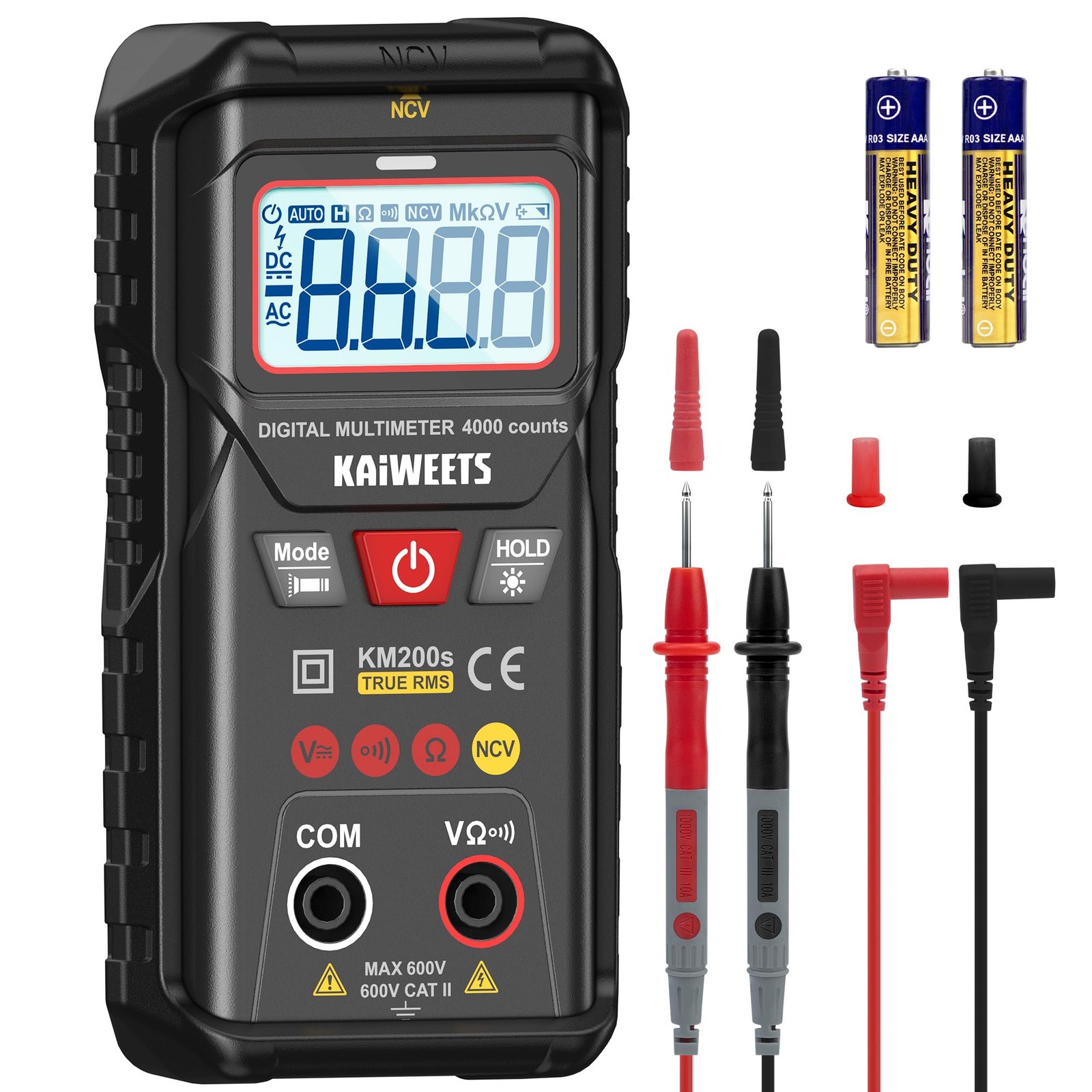 KAIWEETS KM200s Smart Digital Multimeter True RMS, 4000 Counts, Auto Black