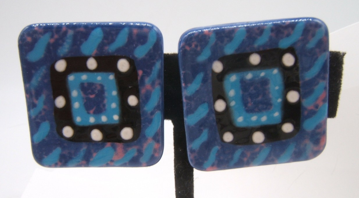 VTG BLUE GLAZED CERAMIC PIERCED EARRINGS MODERN DESIGN