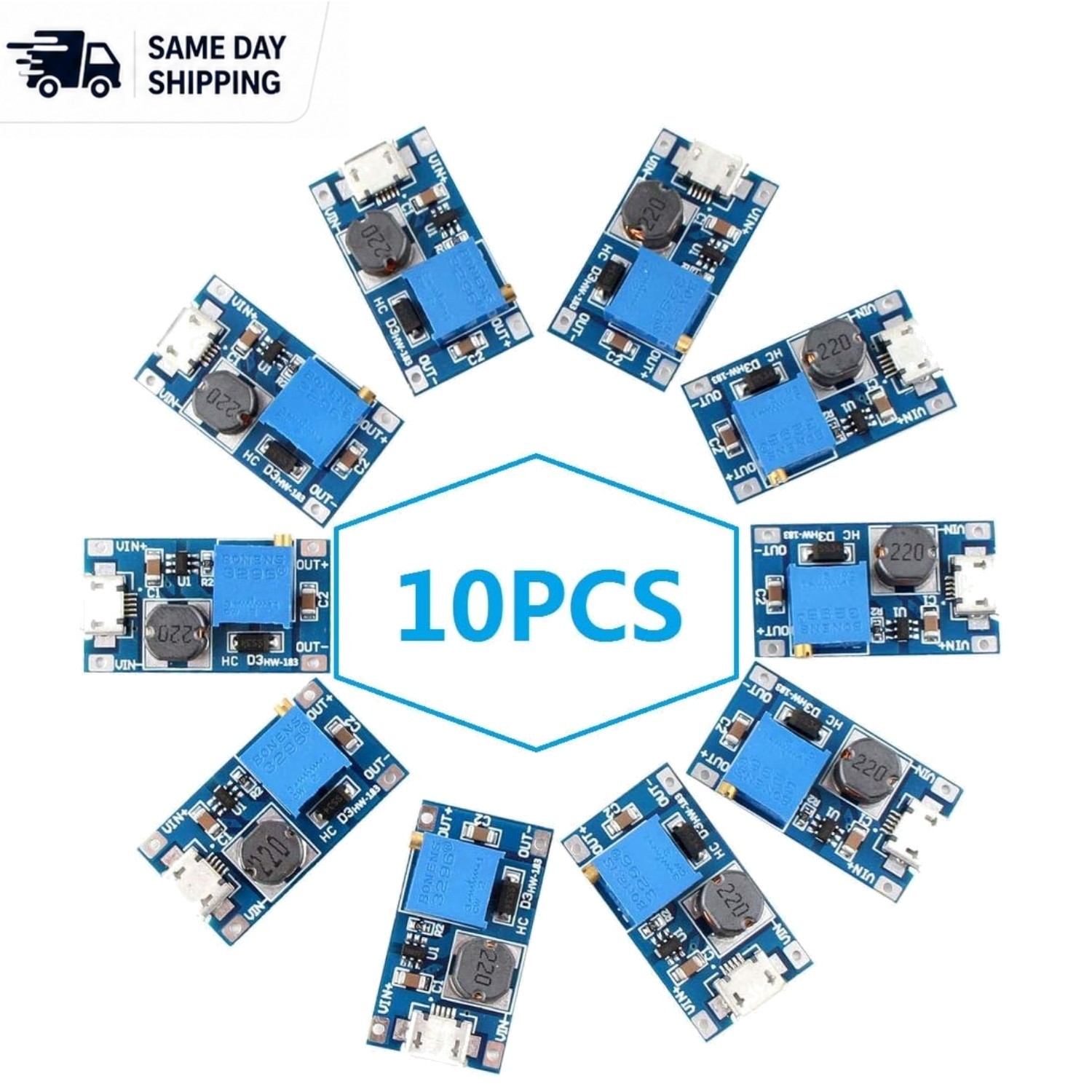 MT3608 DC-DC Boost Converter Module Pack of 10 - Adjustable Voltage Regulator