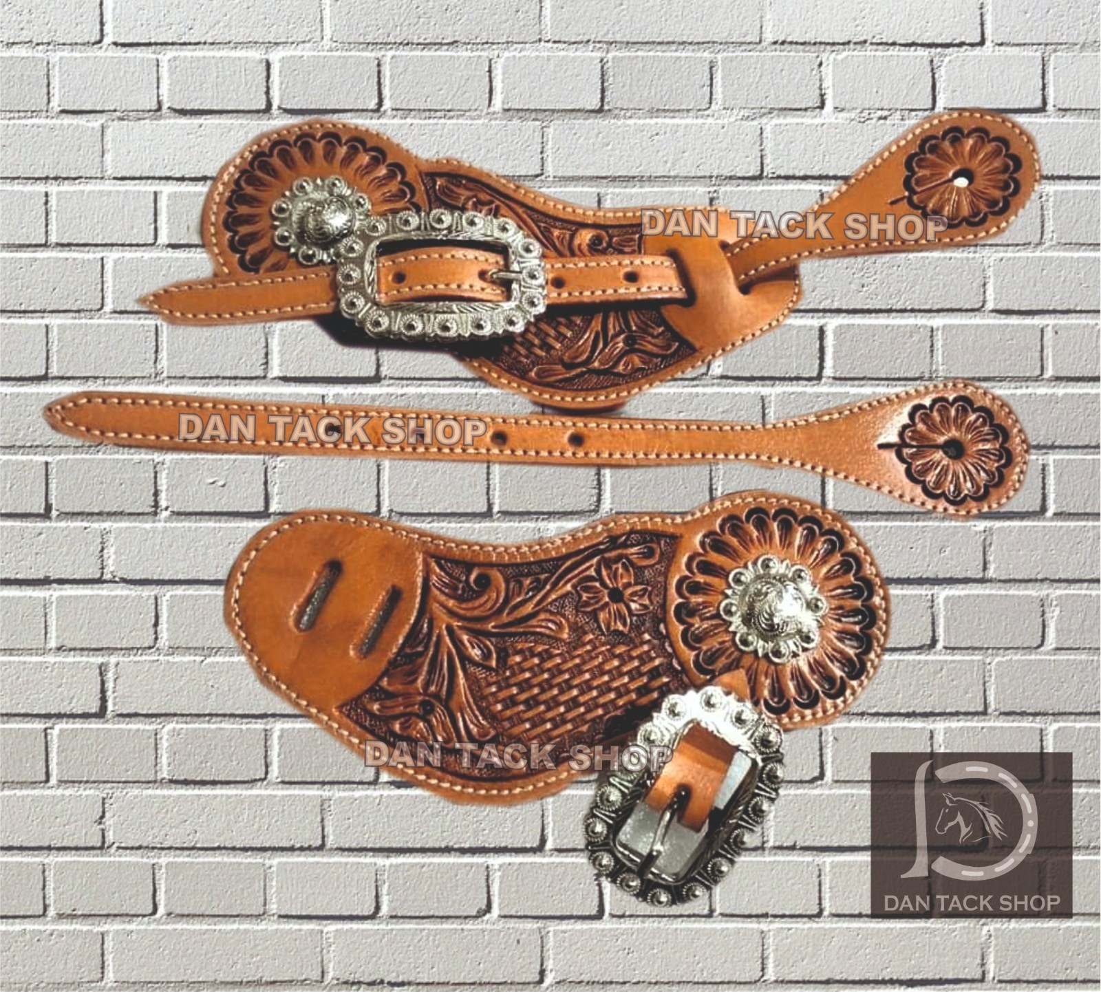 Quality Leather Silver Spur Strap Hand Carved by DAN with Free Shipping