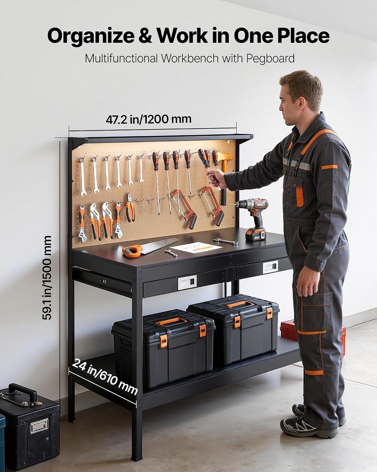 Robust 47.2-Inch Workbench with Drawers, AC Outlets & USB for Enhanced Workspace