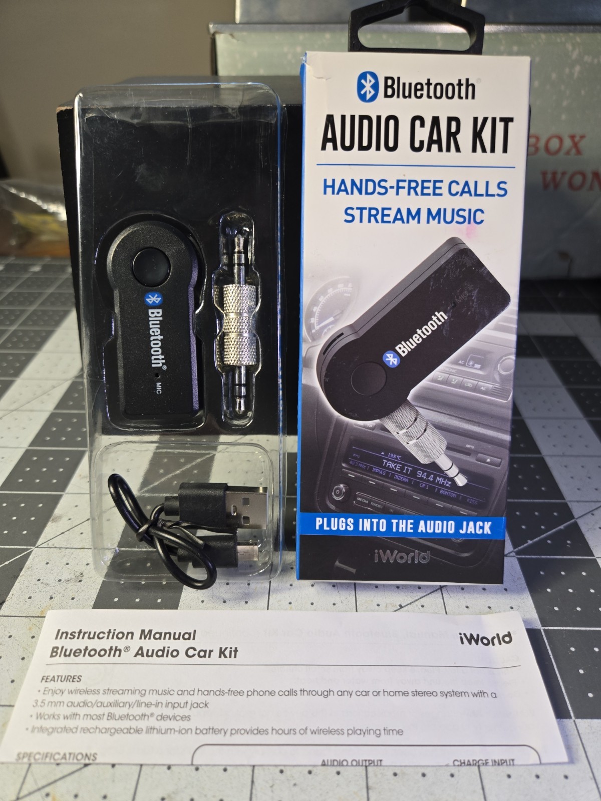 iWorld Wireless Audio Car Kit Stereo Music Bluetooth 3.5mm Jack USB Cable