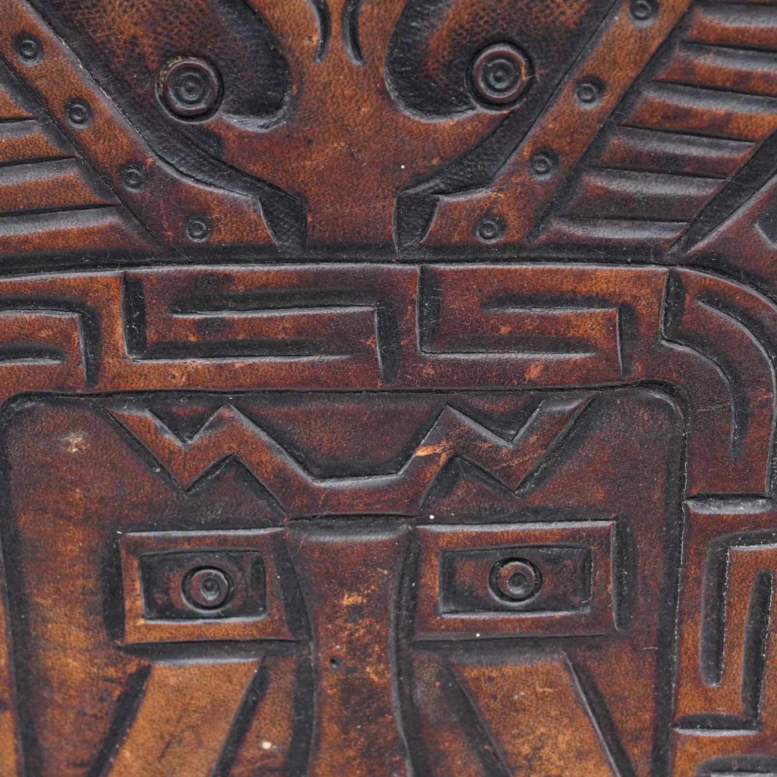 Pair Of Hand Tooled Leather Top Stool's Peru Mayan Aztec Warrior