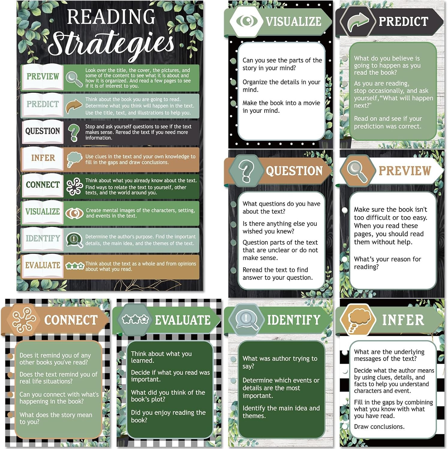 Eucalyptus Reading Strategies Posters Educational Bulletin Board Set for Classro