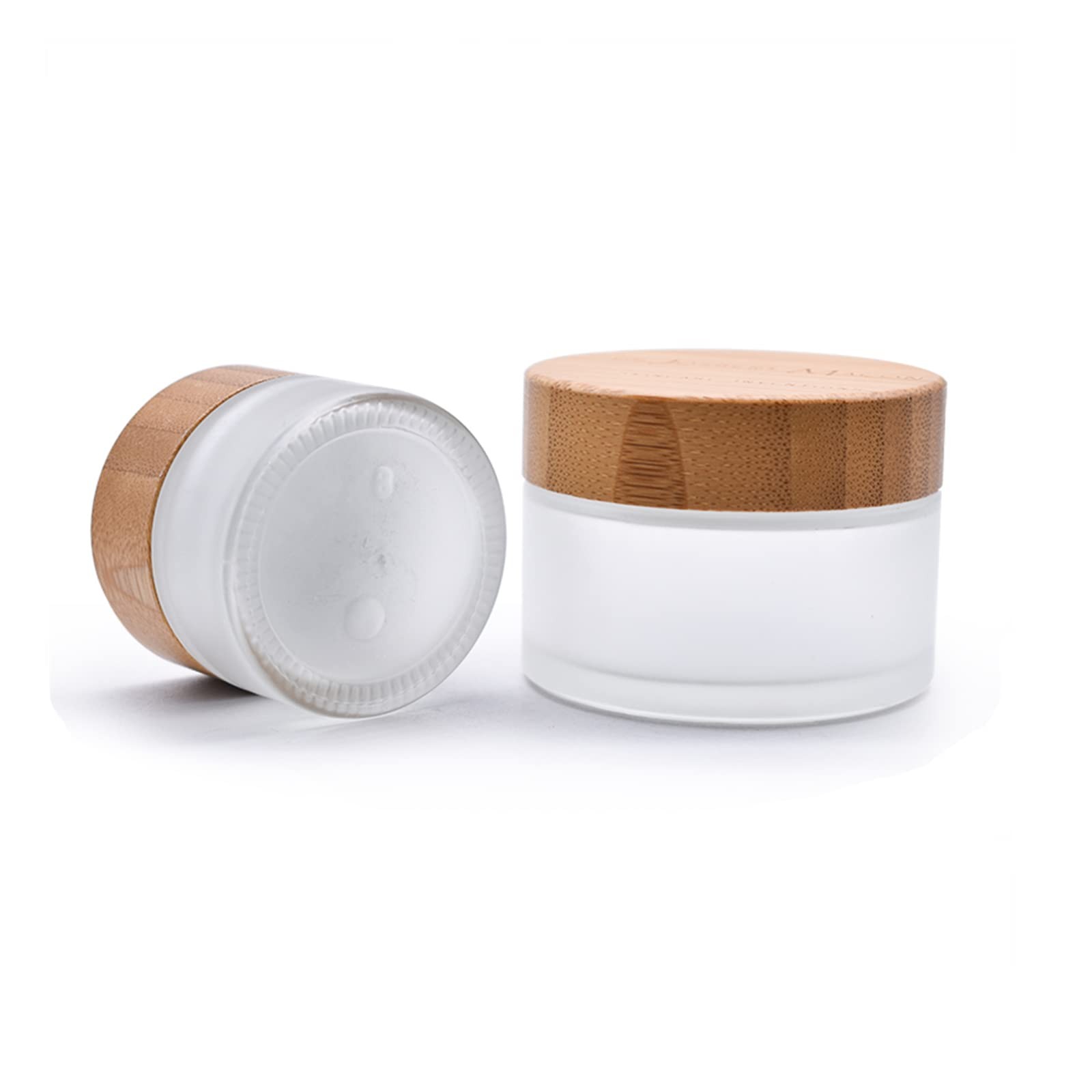 2 Pack 50ml Frosted Glass Cream Jars with Bamboo lids,Wide Mouth Makeup Sampl...