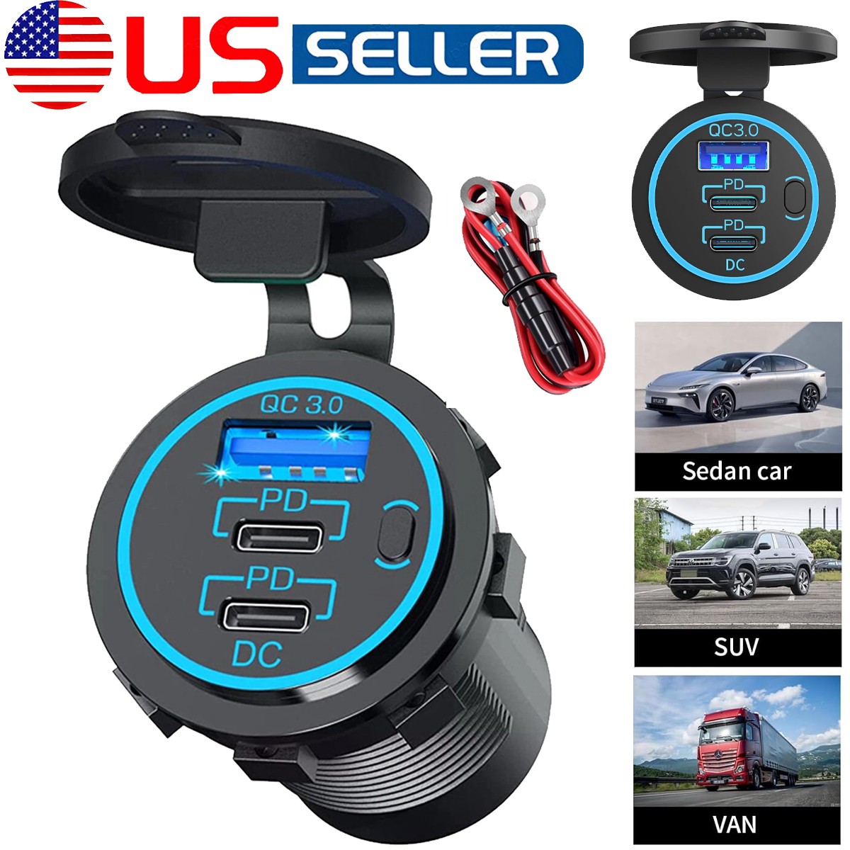 12-24V PD USB C Car Charger Socket 36W USB Outlet for Boat RV Marine Motorcycle