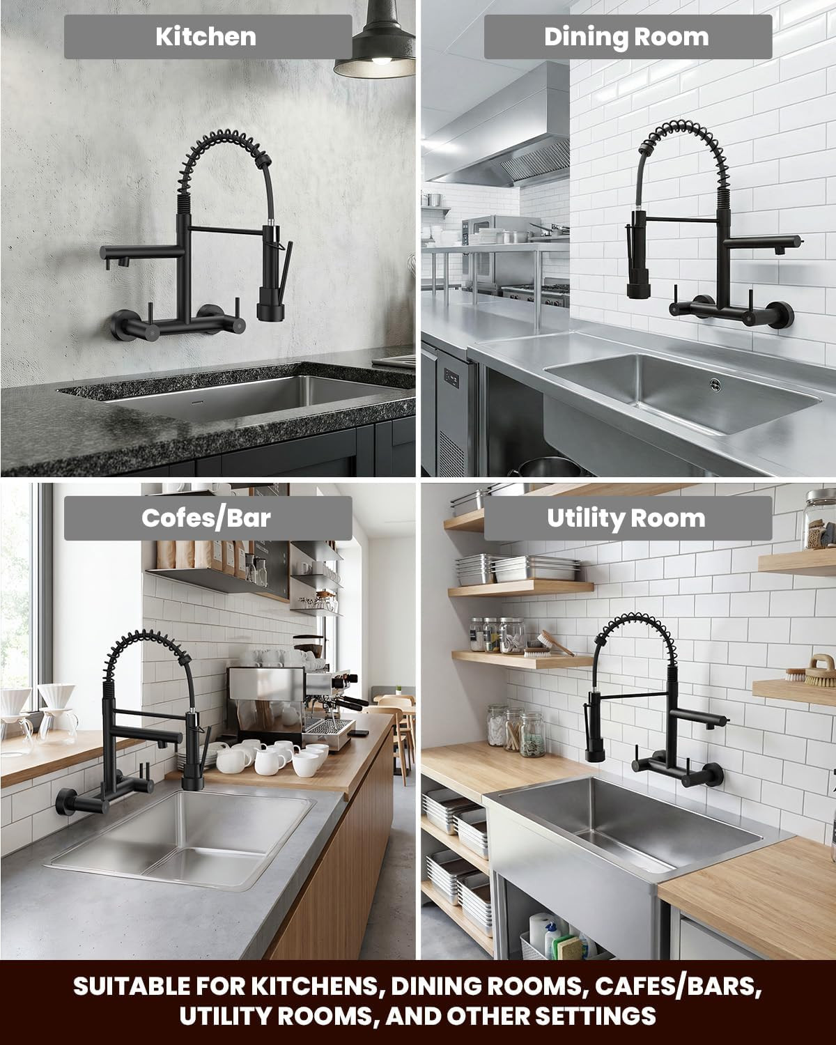 Matte Black Wall Mount Kitchen Faucet with Pull Down Sprayer and 2 Handles