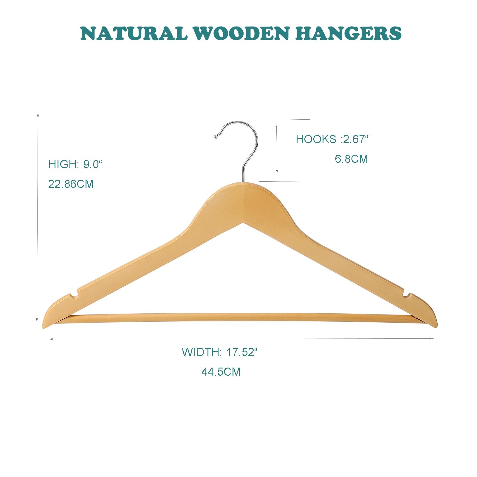 20 Pack Hanger Natural Color Wood Suit Hangers with Round bar and 360° Rota-T...