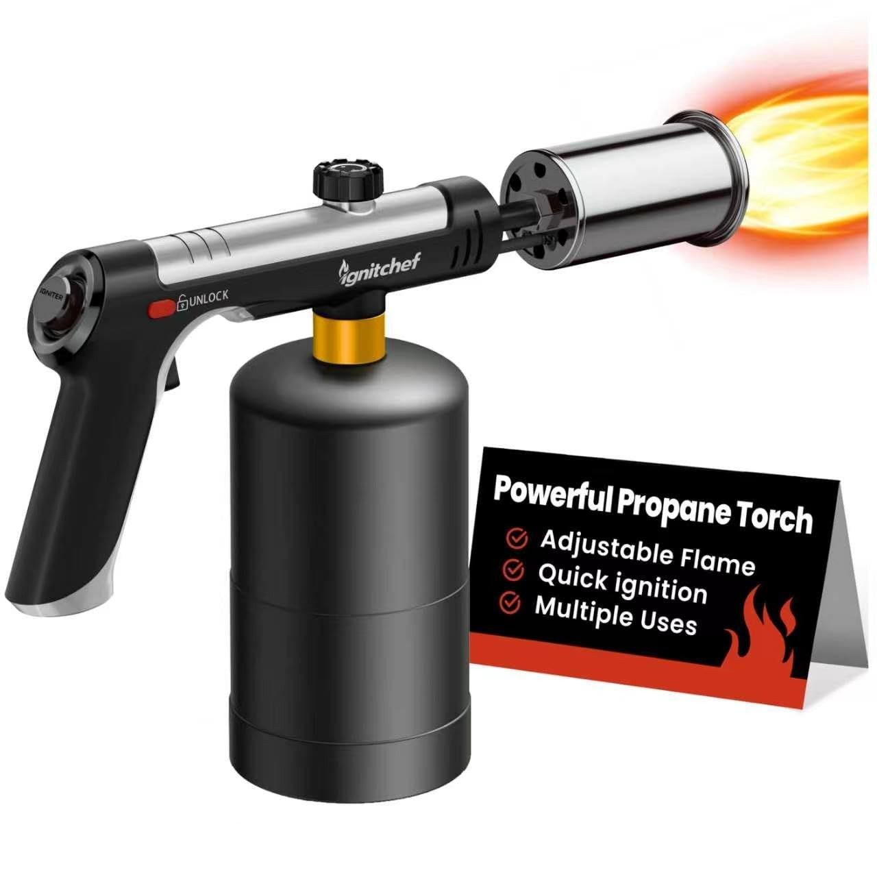 Propane Torch Gun, Adjustable Flame & Safety Lock, BBQ/Camping
