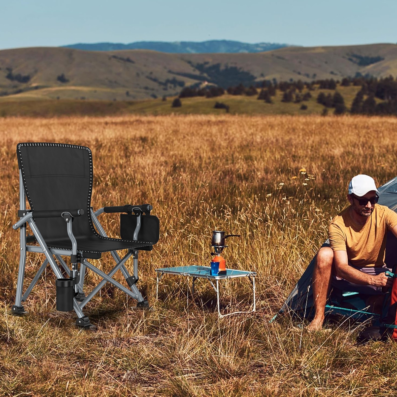Blue Portable Camping Chair Heavy Duty Folding Chair w/ Cup Holder Oversized