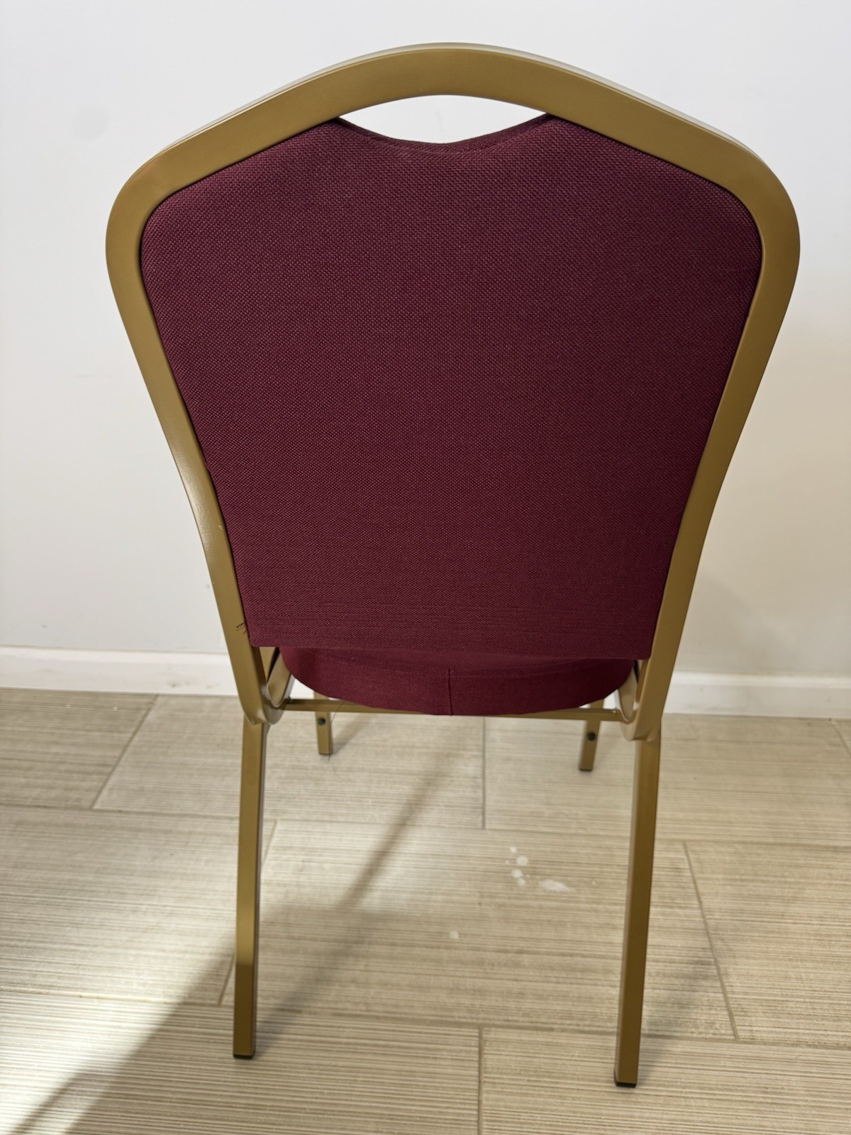 Back Stacking Red Banquet Chairs In Burgundy Fabric-Gold Frame Set of 5 NEW