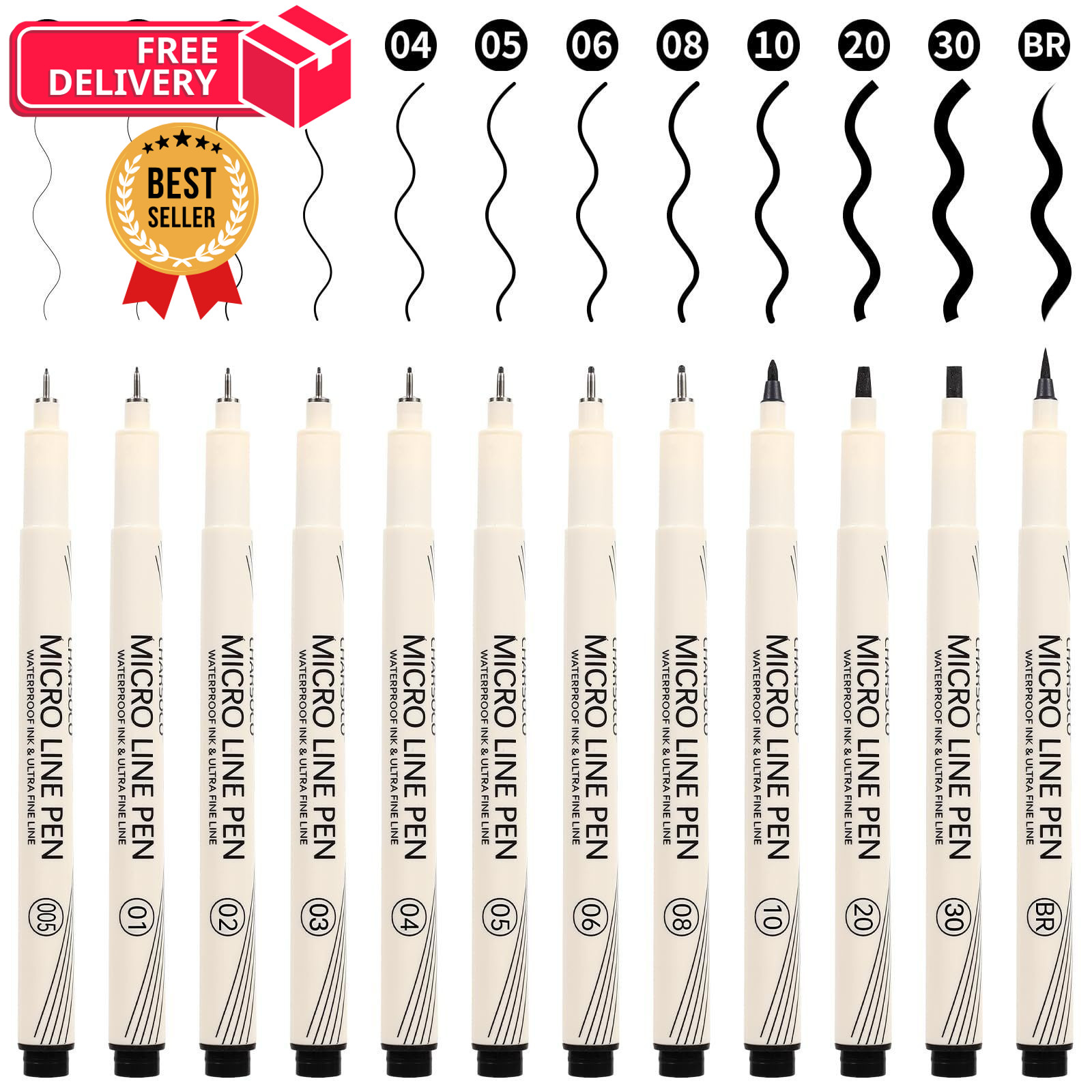 CHARSOCO Black Micro Pens Set - 12 Sizes 1 Count (Pack of 12), Black-12