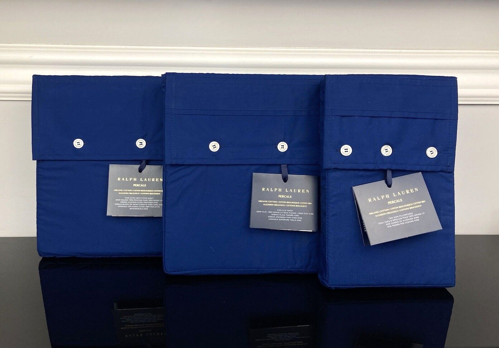 Ralph Lauren Percale Organic Cotton Fitted Flat Sheet Set Pillowcases Blue KING