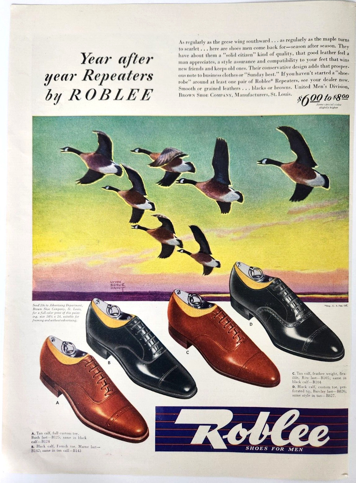 Lynn Bogue Hunt Geese Roblee Shoe Co Vintage 1942 Clothing Ad Mens Fashion