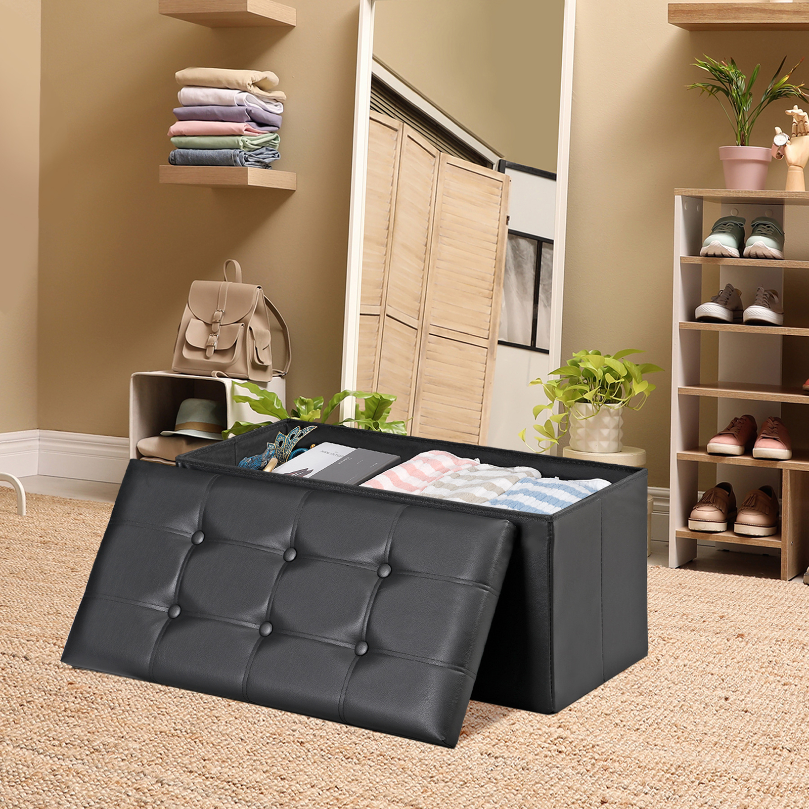 30" Folding Storage Ottoman Footstools MDF Frame Hallway Soft Seat Black