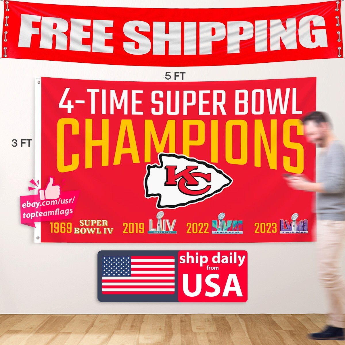 Kansas City Chiefs 3x5 Flag 4 Time Super Bo Flag New Banner KC FREE Shipping NEW