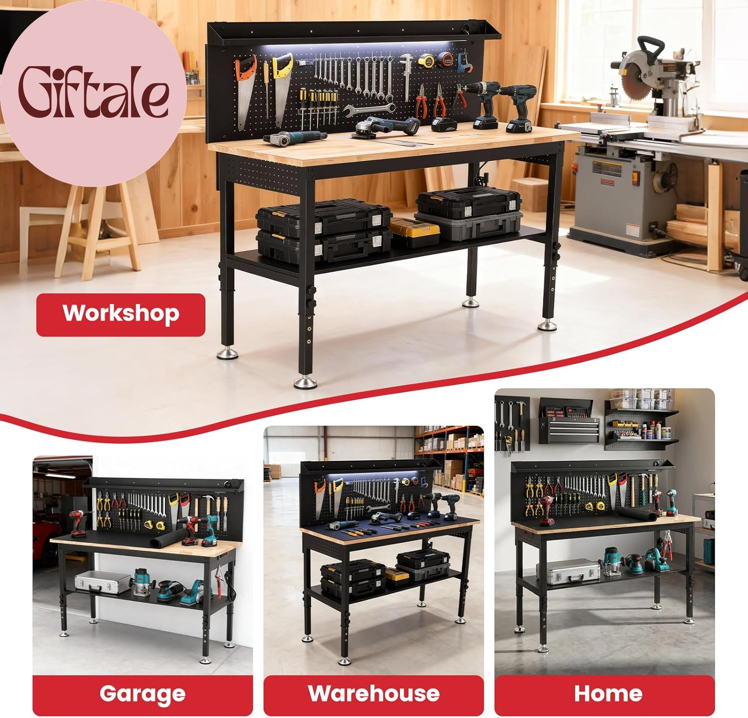 60'' Heavy Duty Workbench 3000 LBS Load Capacity Adjustable Height Garage Work B