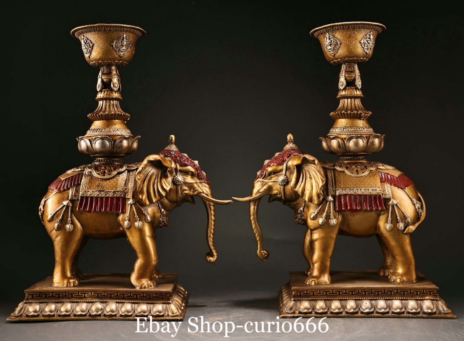 Old Tibet Pure Bronze Gilt Elephant Animal Eight Treasures Butter Lamp Pair