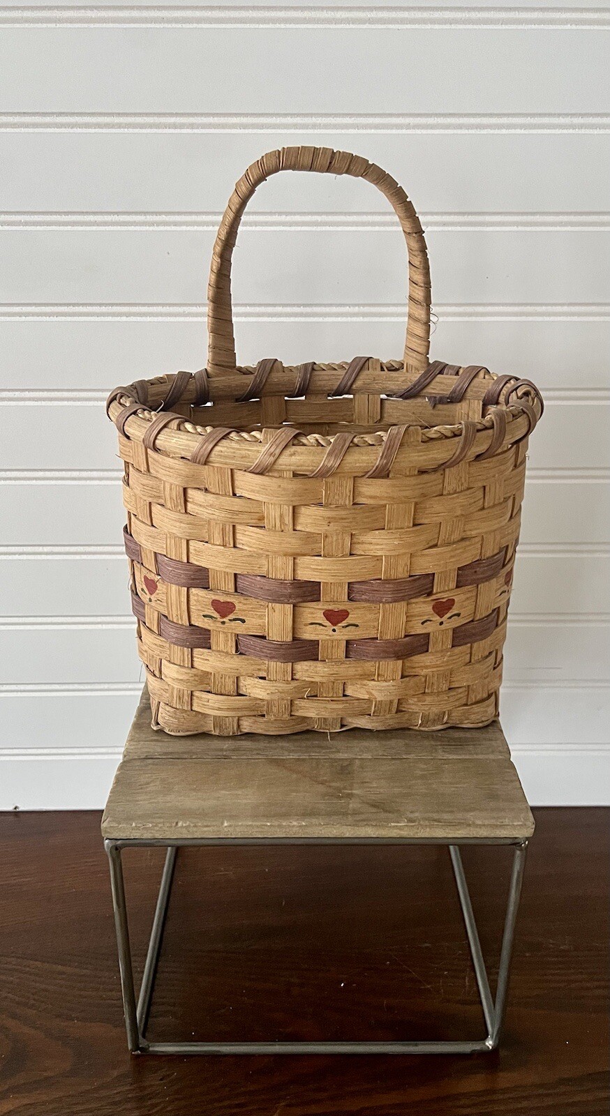 Vintage Handwoven Wall Basket Signed Stenciled Heart K. Houston (? ) 1989