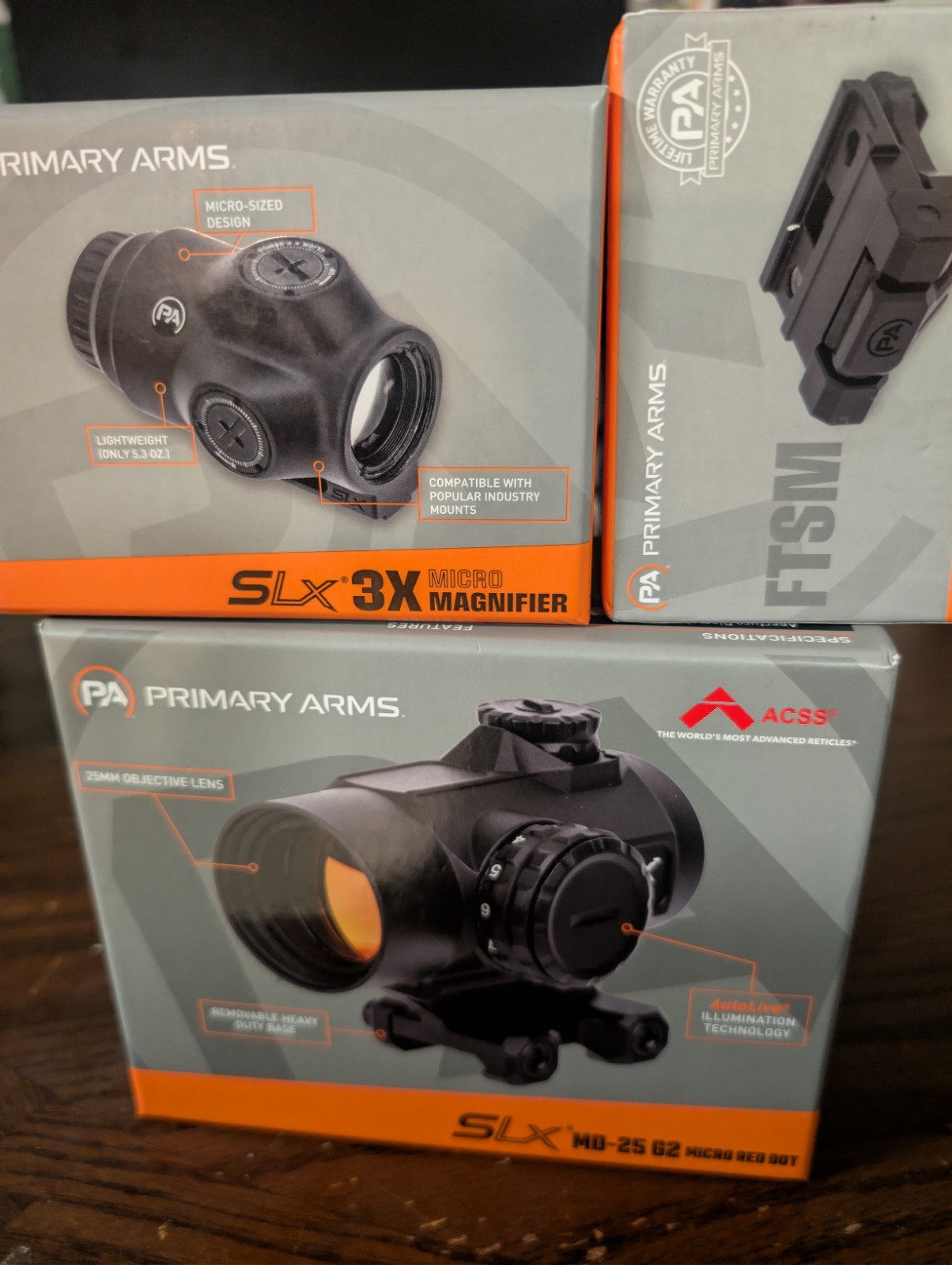 primary arms slx acss red dot, slx micro magnifer, and ftsm mount