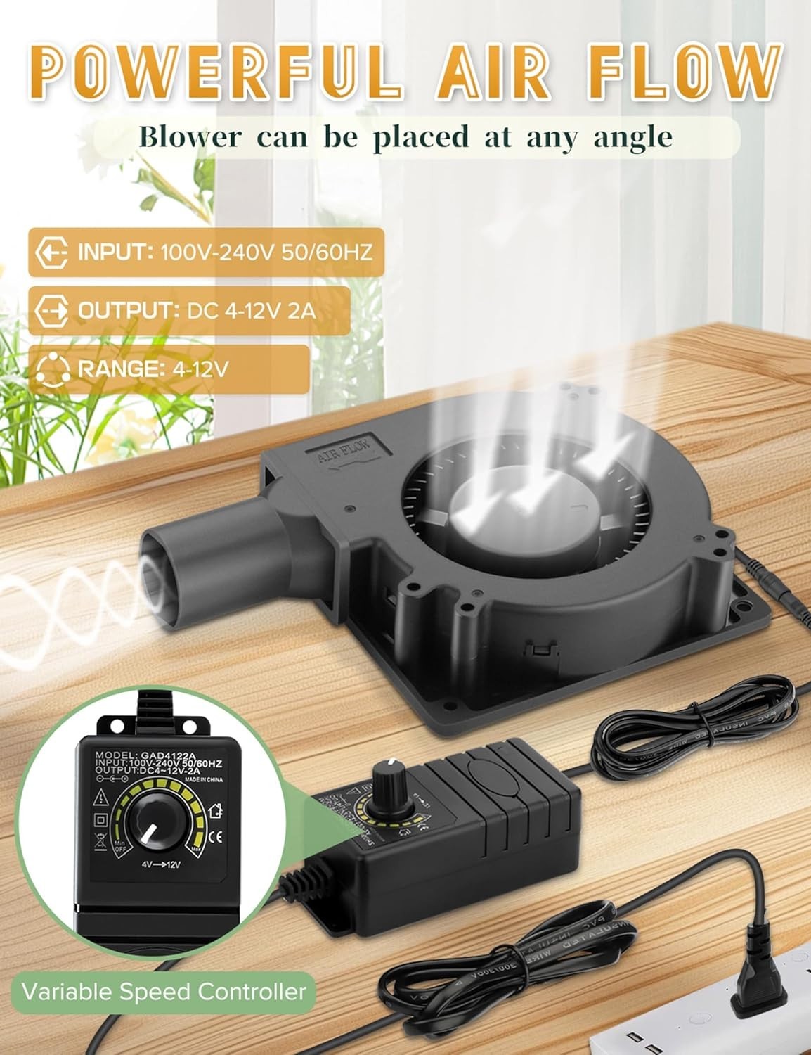 120mm BBQ 12V Blower Fan with 110v-240v AC Plug Variable Speed Controller, Sq...
