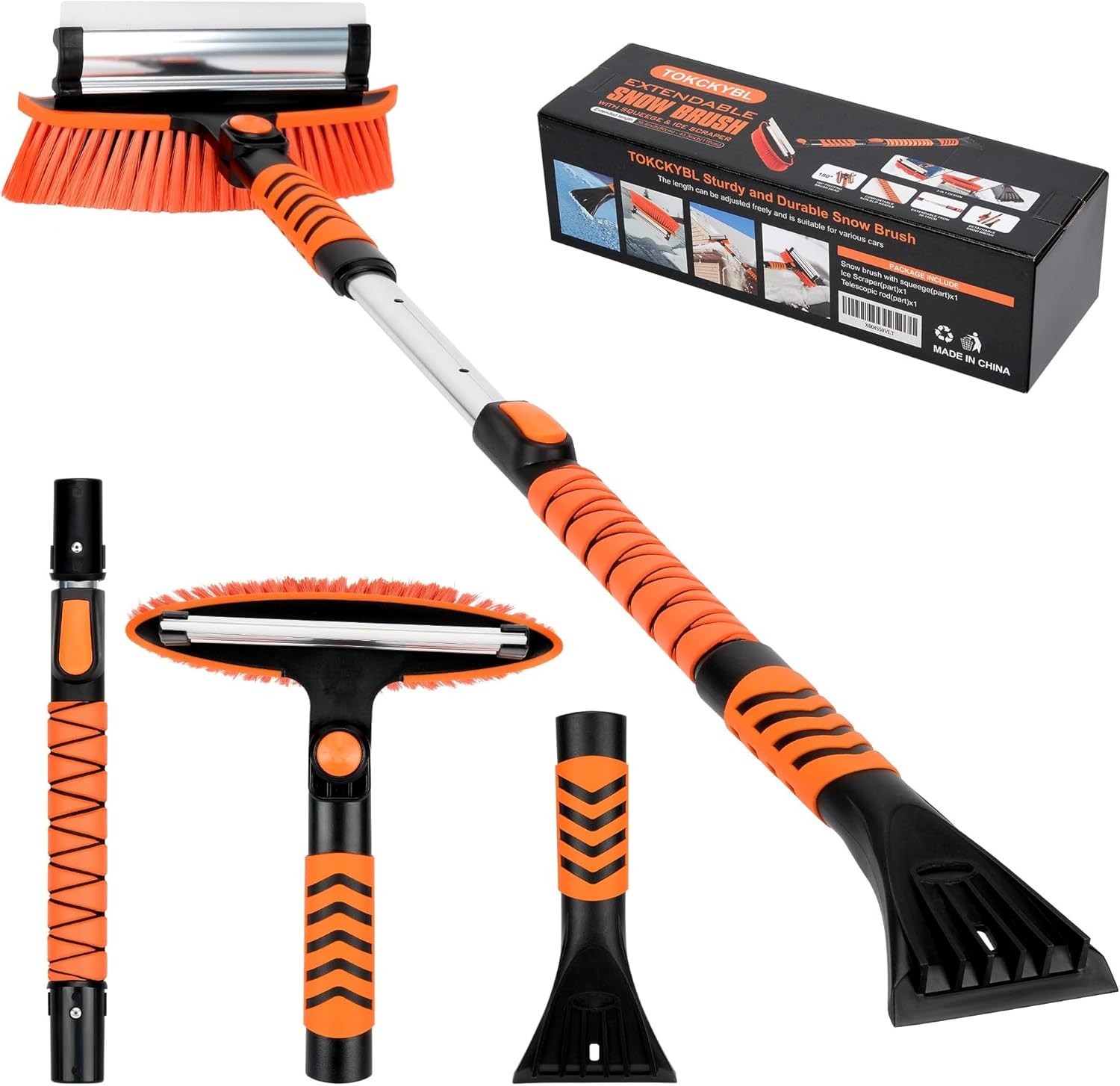3-in-1 Car Snow Brush Ice Scraper Squeegee 43" Extendable 180 Pivot Windshield