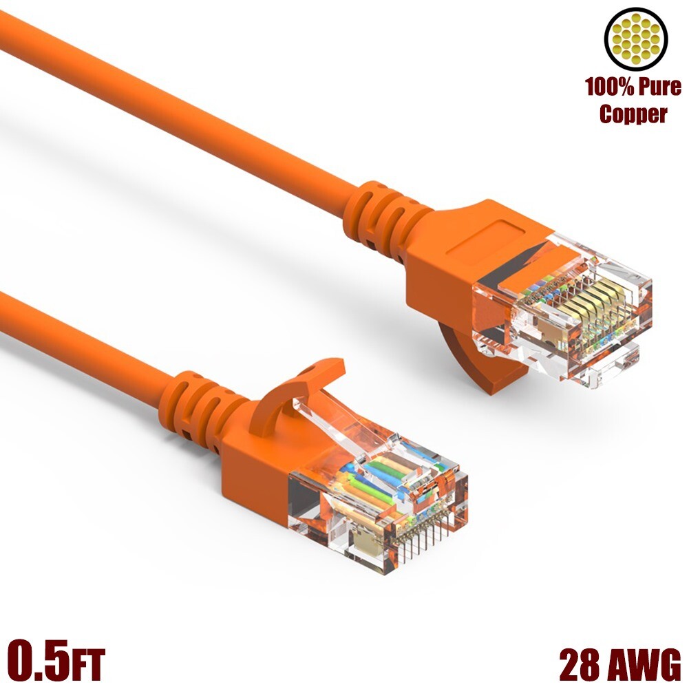 0.5FT Cat6A RJ45 Slim Ethernet LAN Network Cable UTP Copper Wire 28AWG Orange