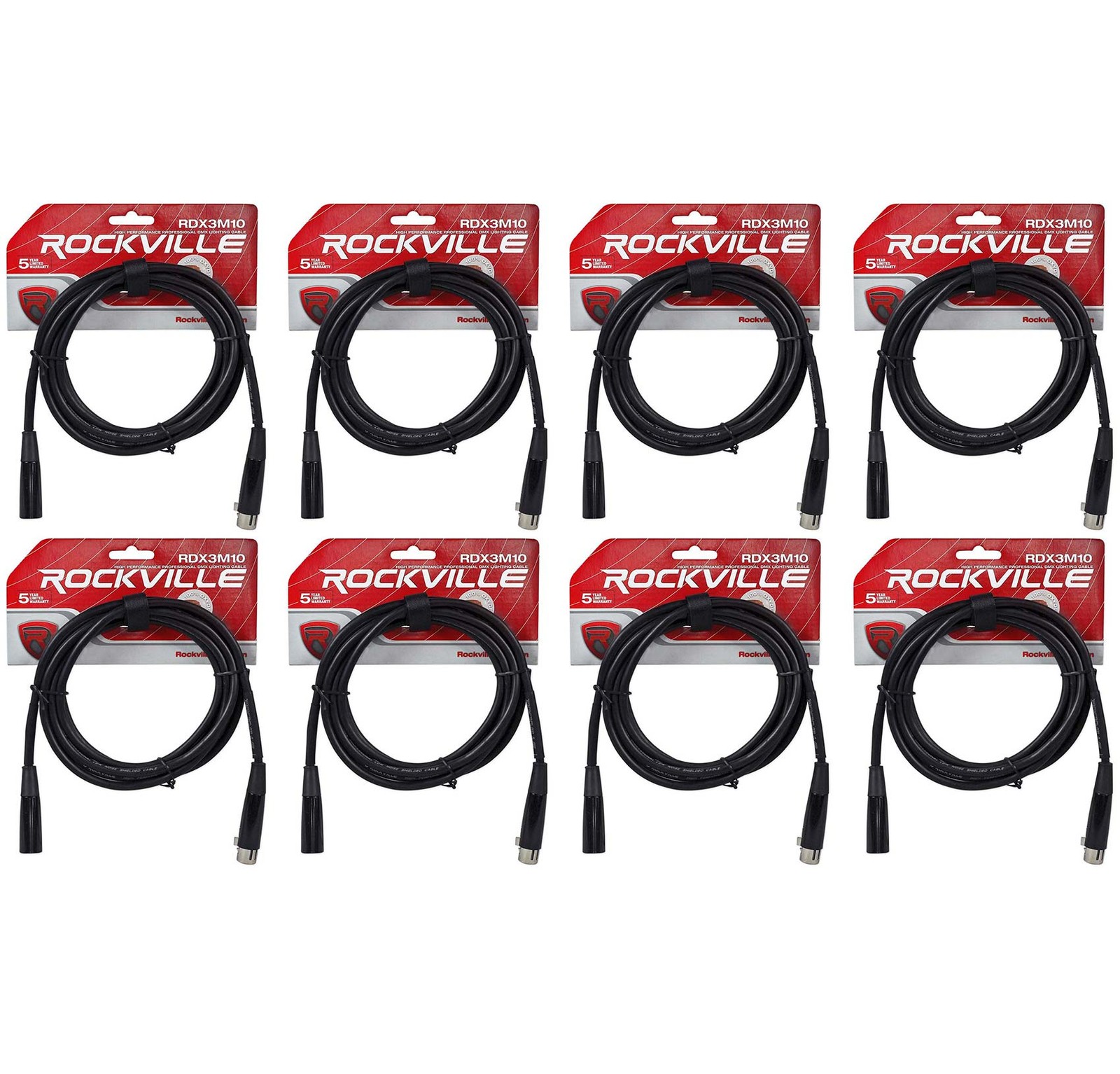 (8) Rockville RDX3M10 10 Foot 3 Pin DMX Lighting Cables 100% OFC Female 2 Male