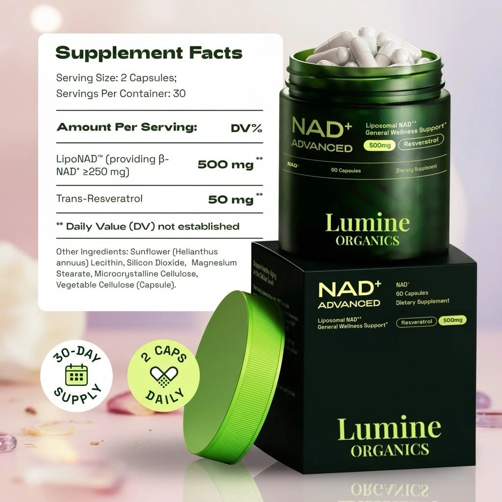 Lumine Organics NAD+ Advanced Liposomal LipoNAD Trans-Resveratrol 60 Capsules_3X
